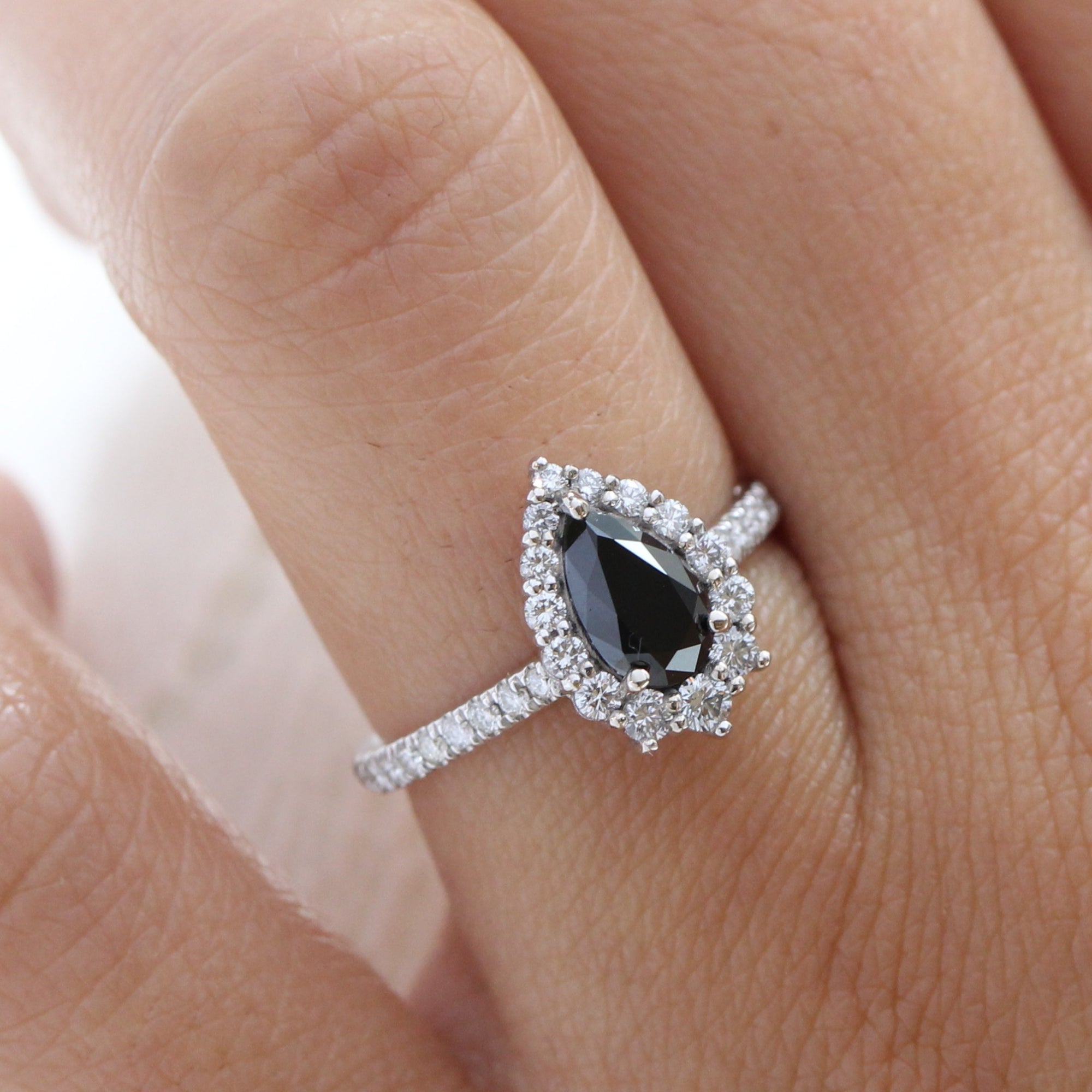 Pear black diamond engagement ring white gold large halo ring la more design jewelry