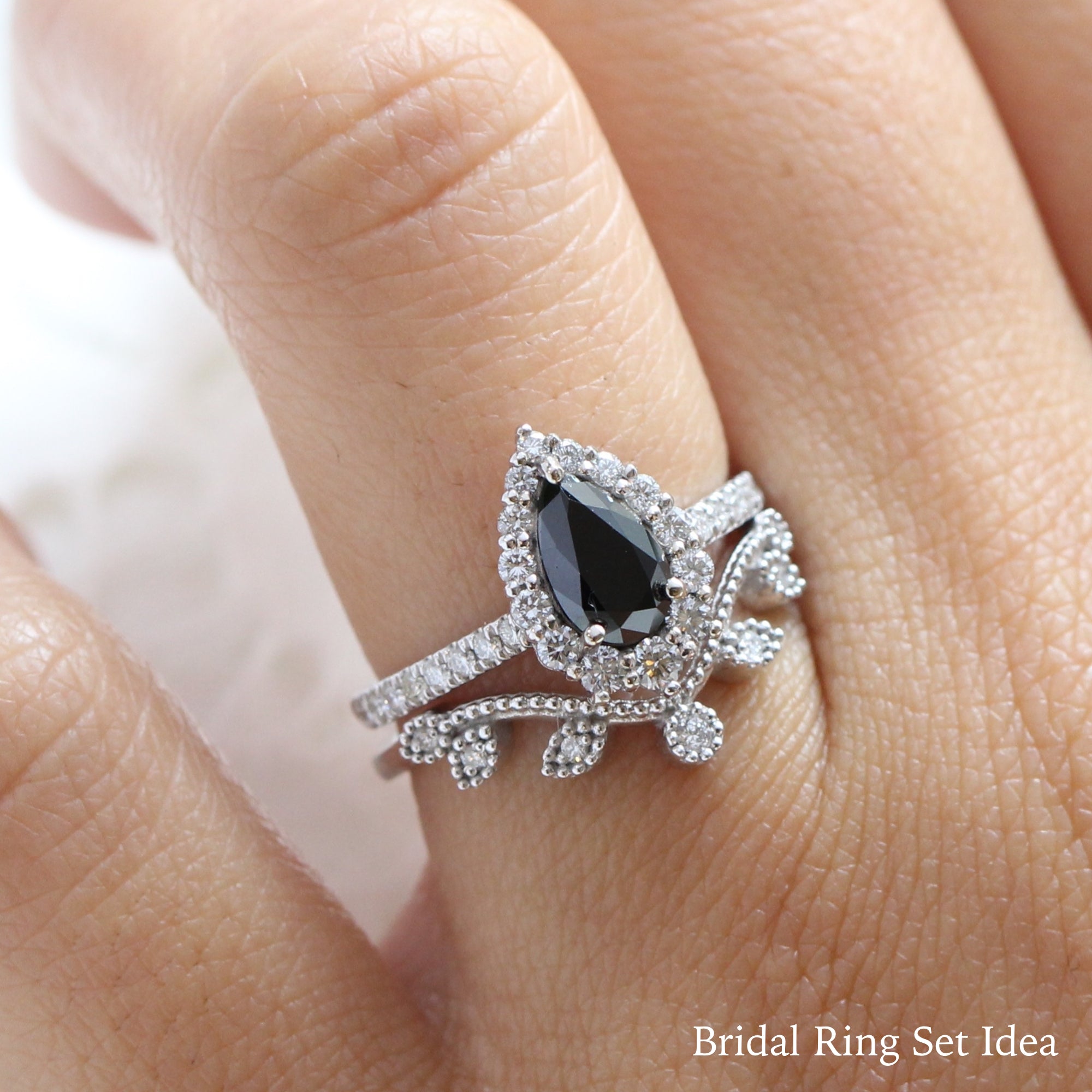 Pear black diamond engagement ring white gold leaf diamond wedding band bridal ring set la more design jewelry