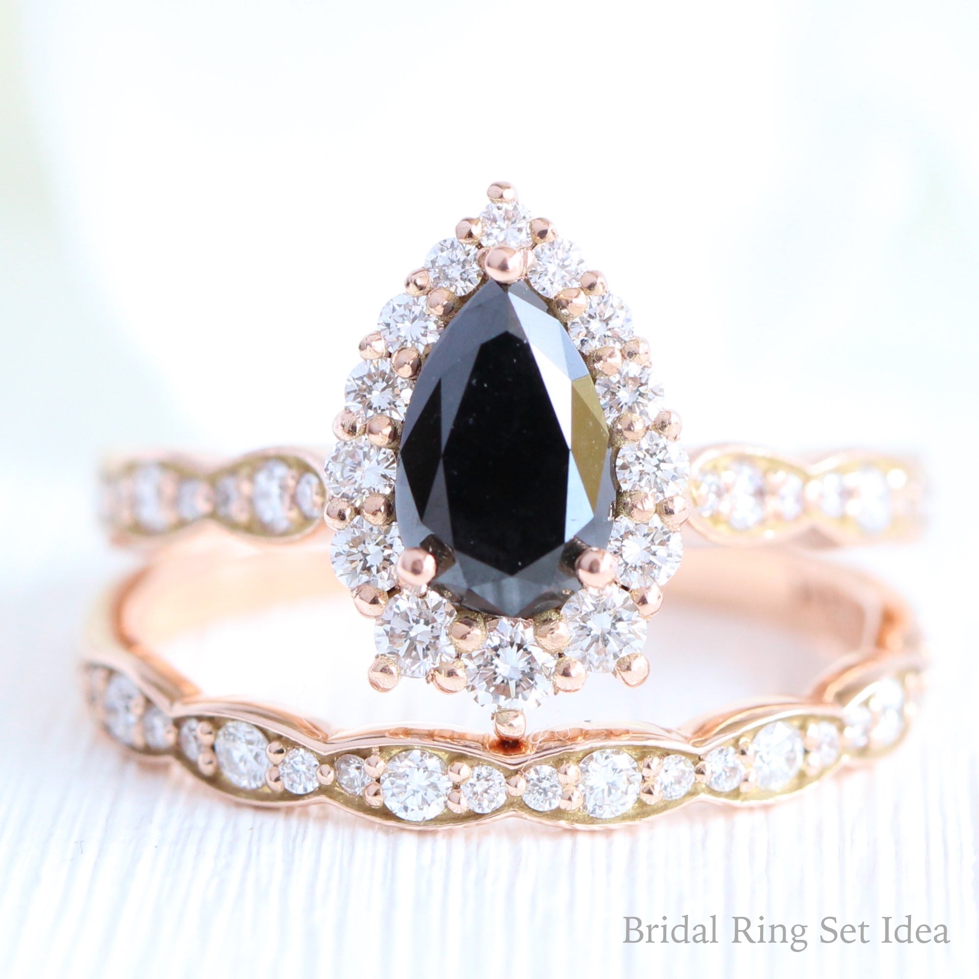 Pear black diamond engagement ring white gold matching diamond wedding band bridal ring set la more design jewelry