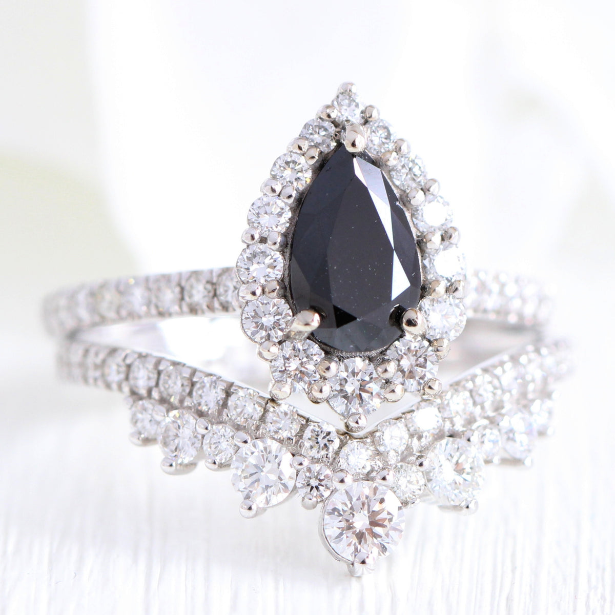 Pear black diamond engagement ring white gold v shaped diamond wedding band bridal ring set la more design jewelry