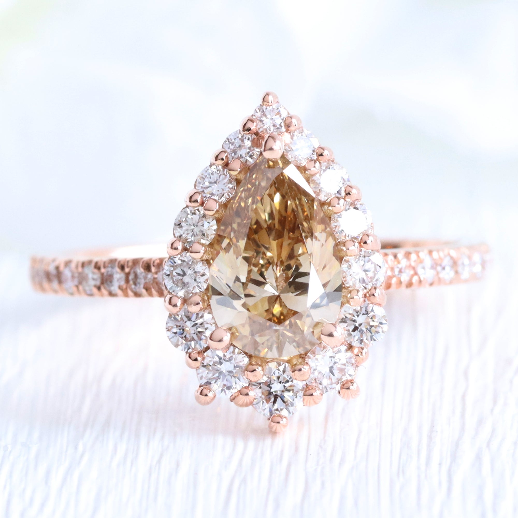 Pear champagne diamond ring rose gold halo engagement ring la more design jewelry