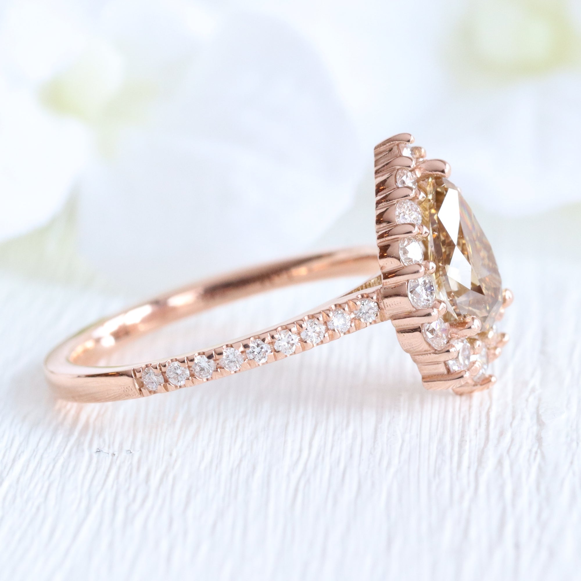 Pear champagne diamond ring rose gold halo engagement ring la more design jewelry