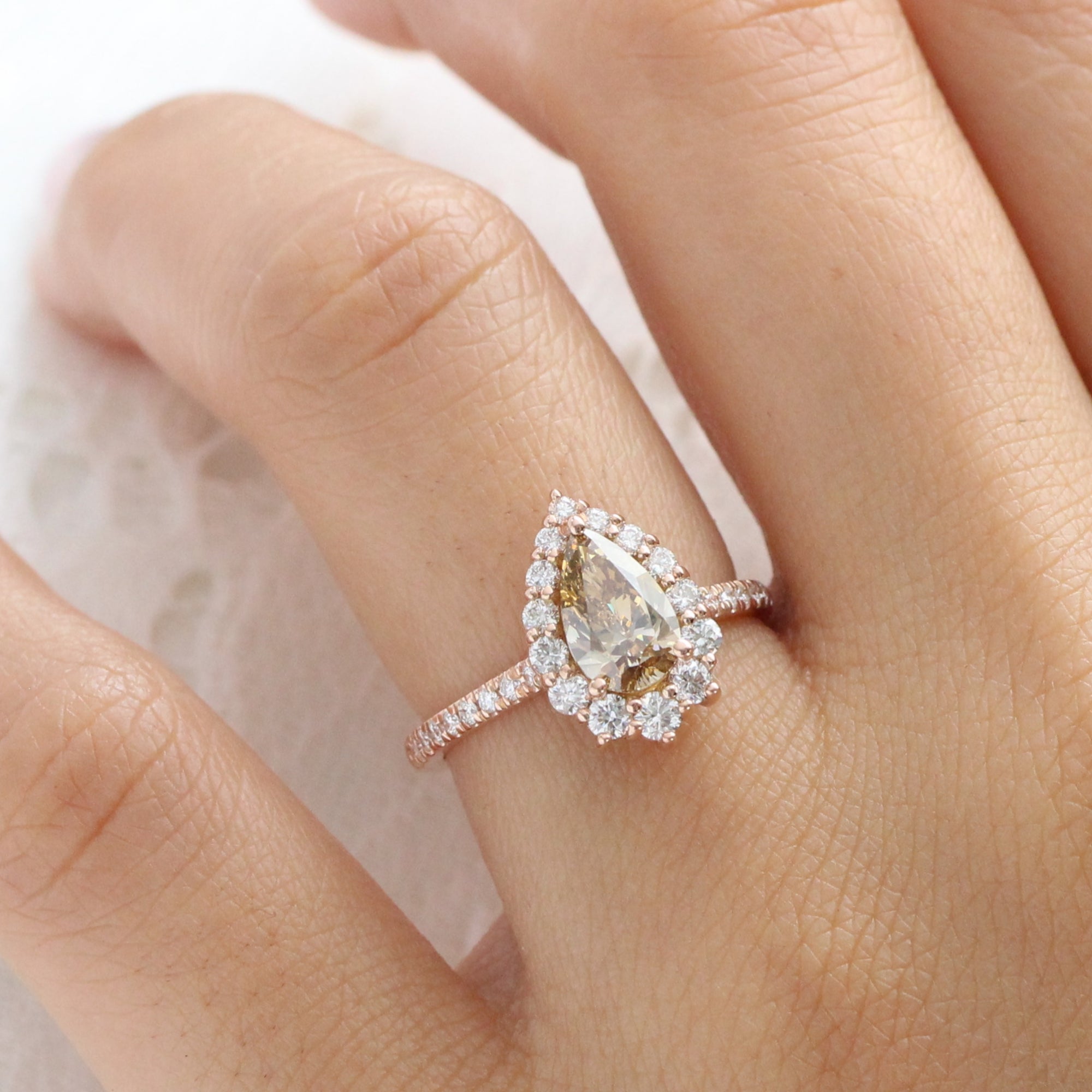 Pear champagne diamond ring rose gold halo engagement ring la more design jewelry