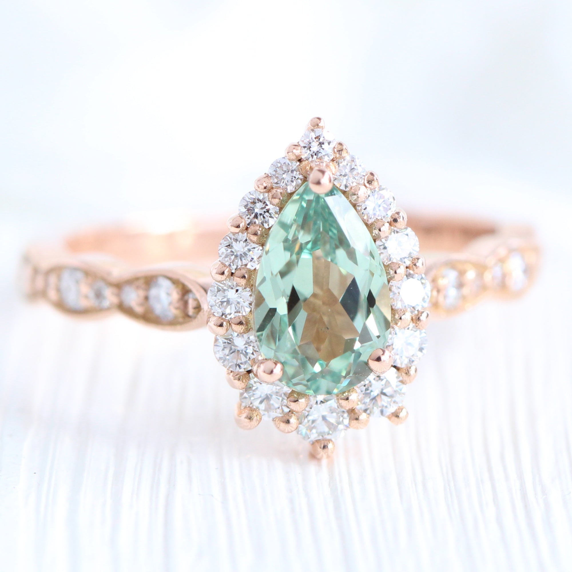 Tiara Halo Pear Ring Bridal Set w/ Green Sapphire and Large 7 Diamond Scalloped Band