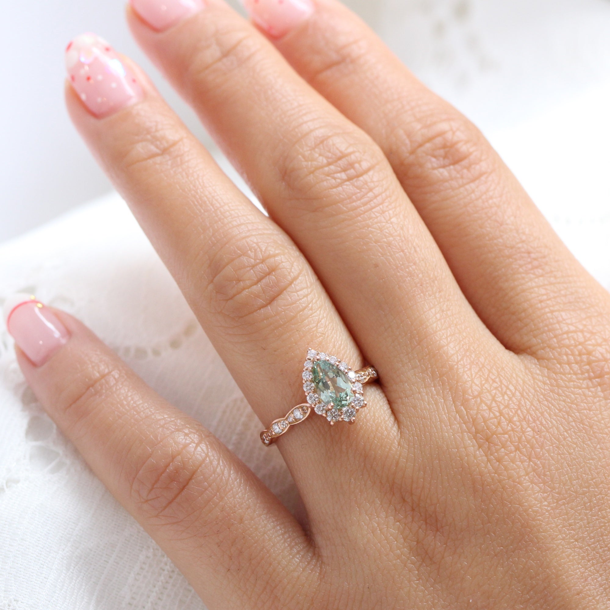 Pear green sapphire engagement ring rose gold halo diamond ring la more design jewelry