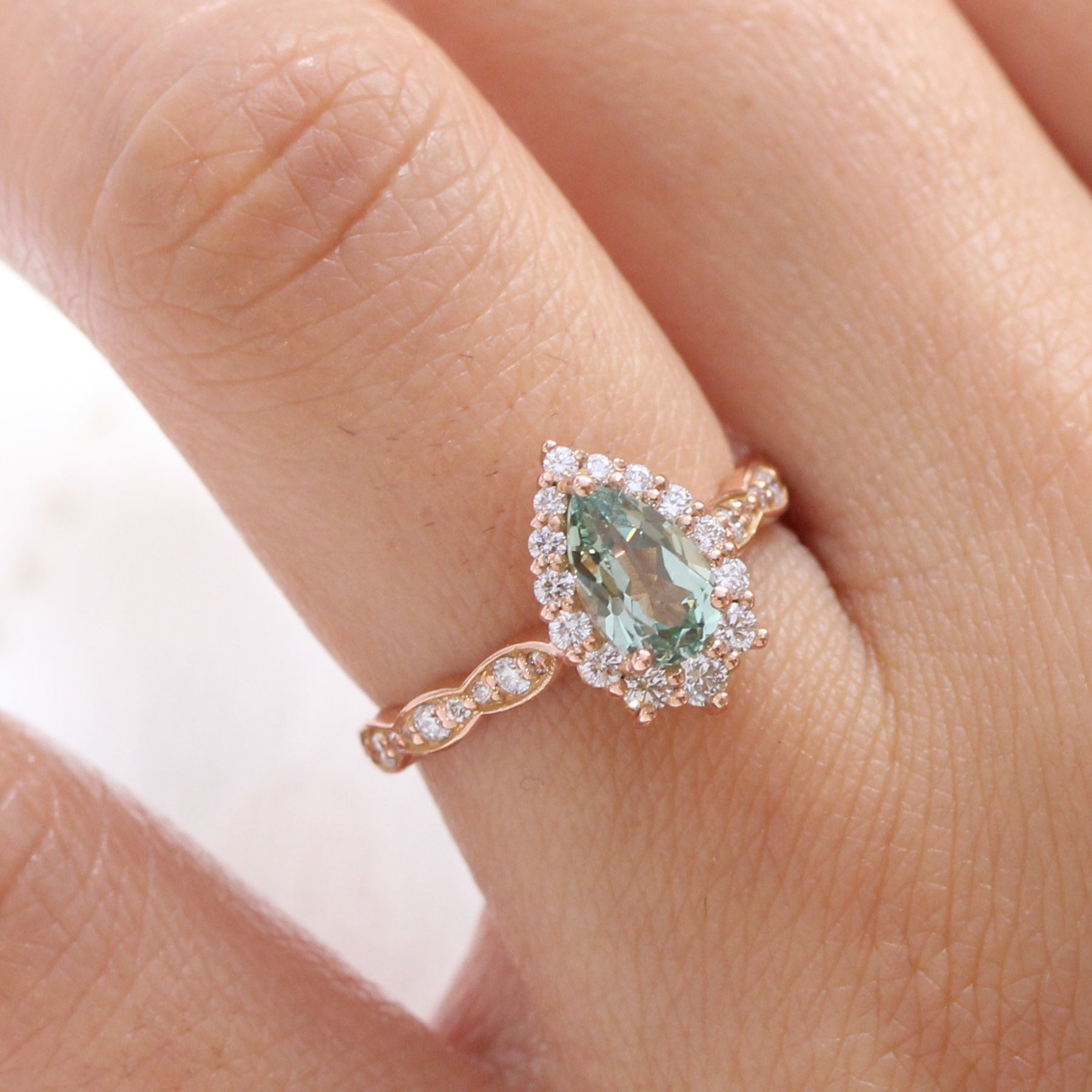 Pear green sapphire engagement ring rose gold halo diamond ring la more design jewelry