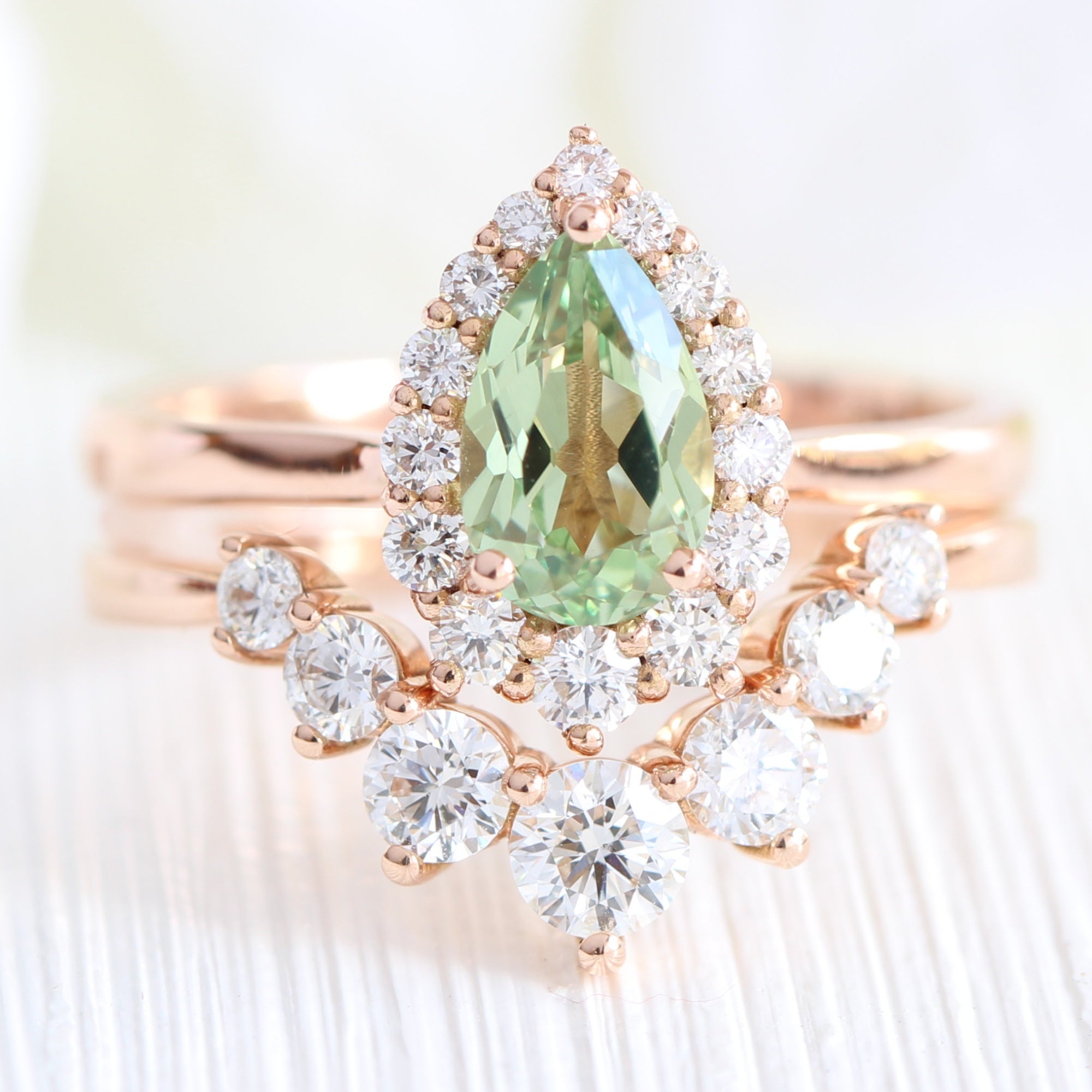 Pear green sapphire ring rose gold curved 7 diamond wedding band la more design jewelry