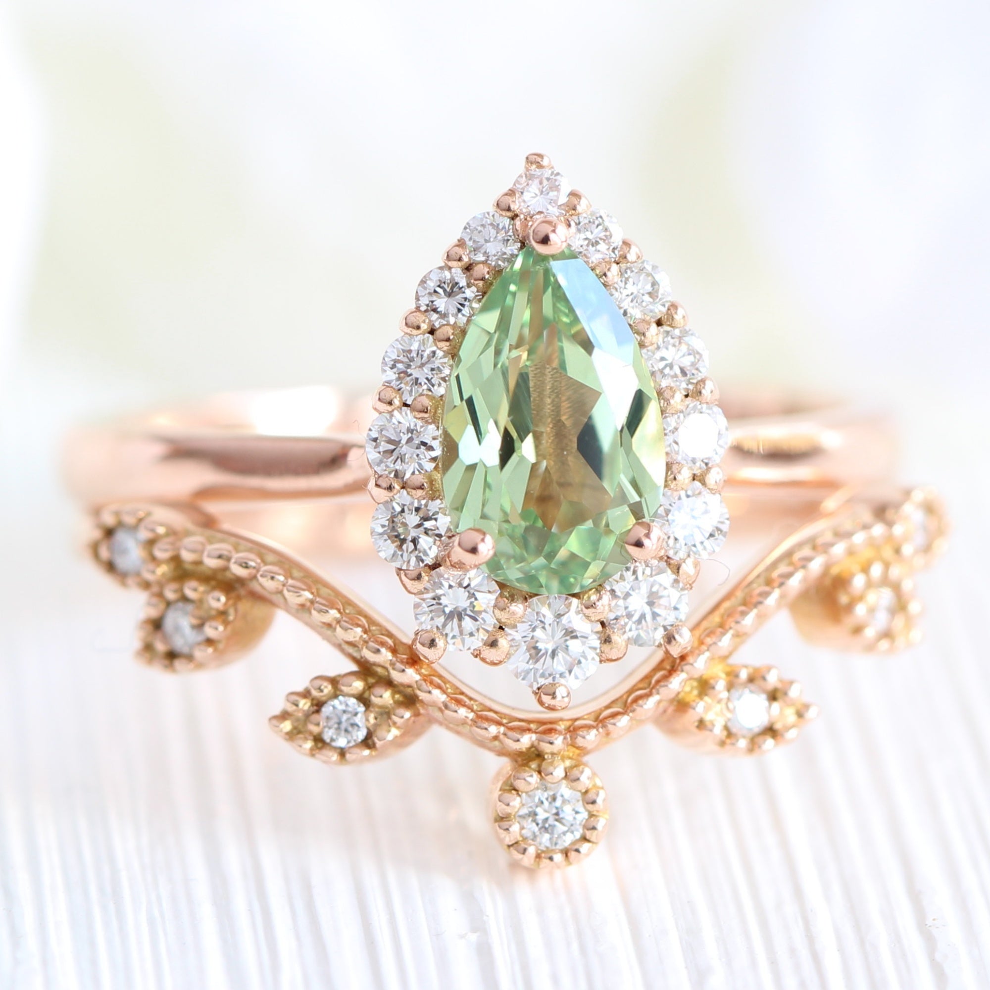 Pear green sapphire ring rose gold curved leaf diamond wedding band la more design jewelry