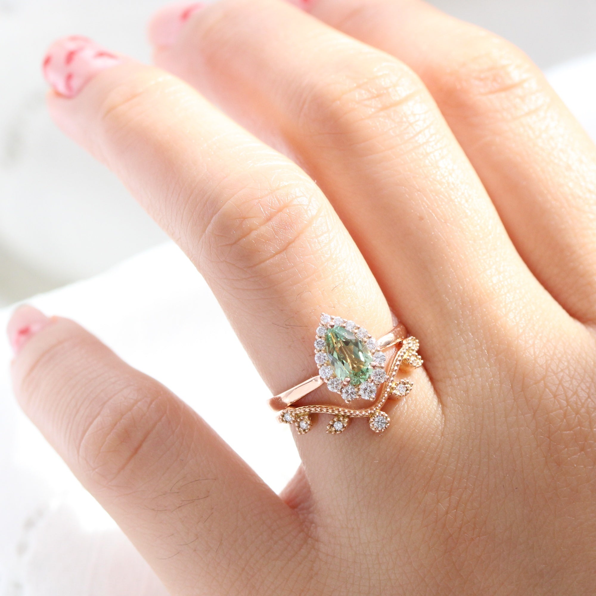 Pear green sapphire ring rose gold curved leaf diamond wedding band la more design jewelry