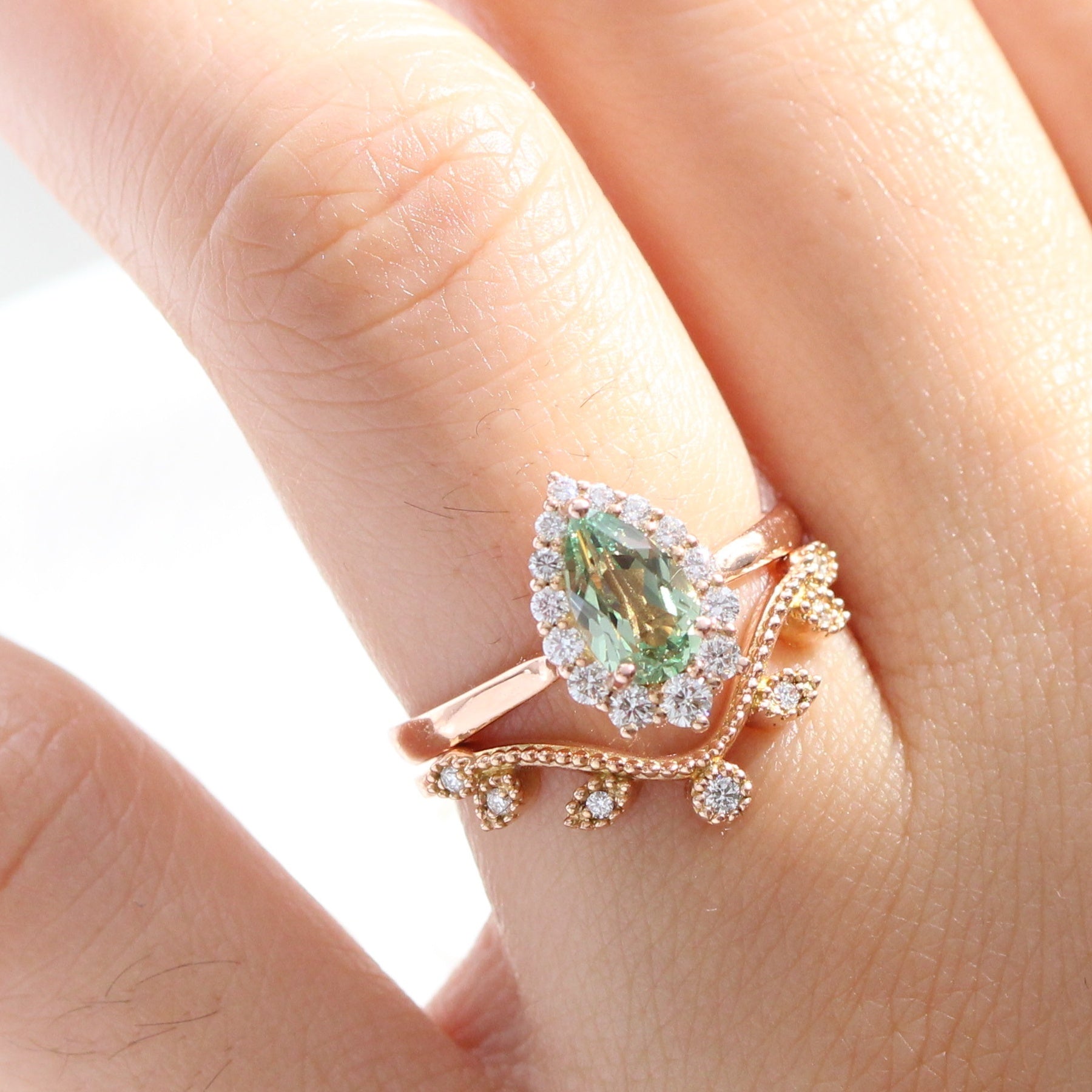 Pear green sapphire ring rose gold curved leaf diamond wedding band la more design jewelry