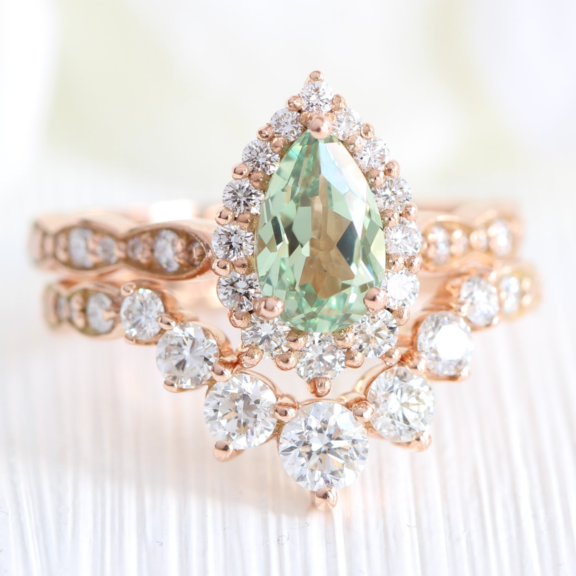 Pear green sapphire ring rose gold deep curved diamond wedding band la more design jewelry