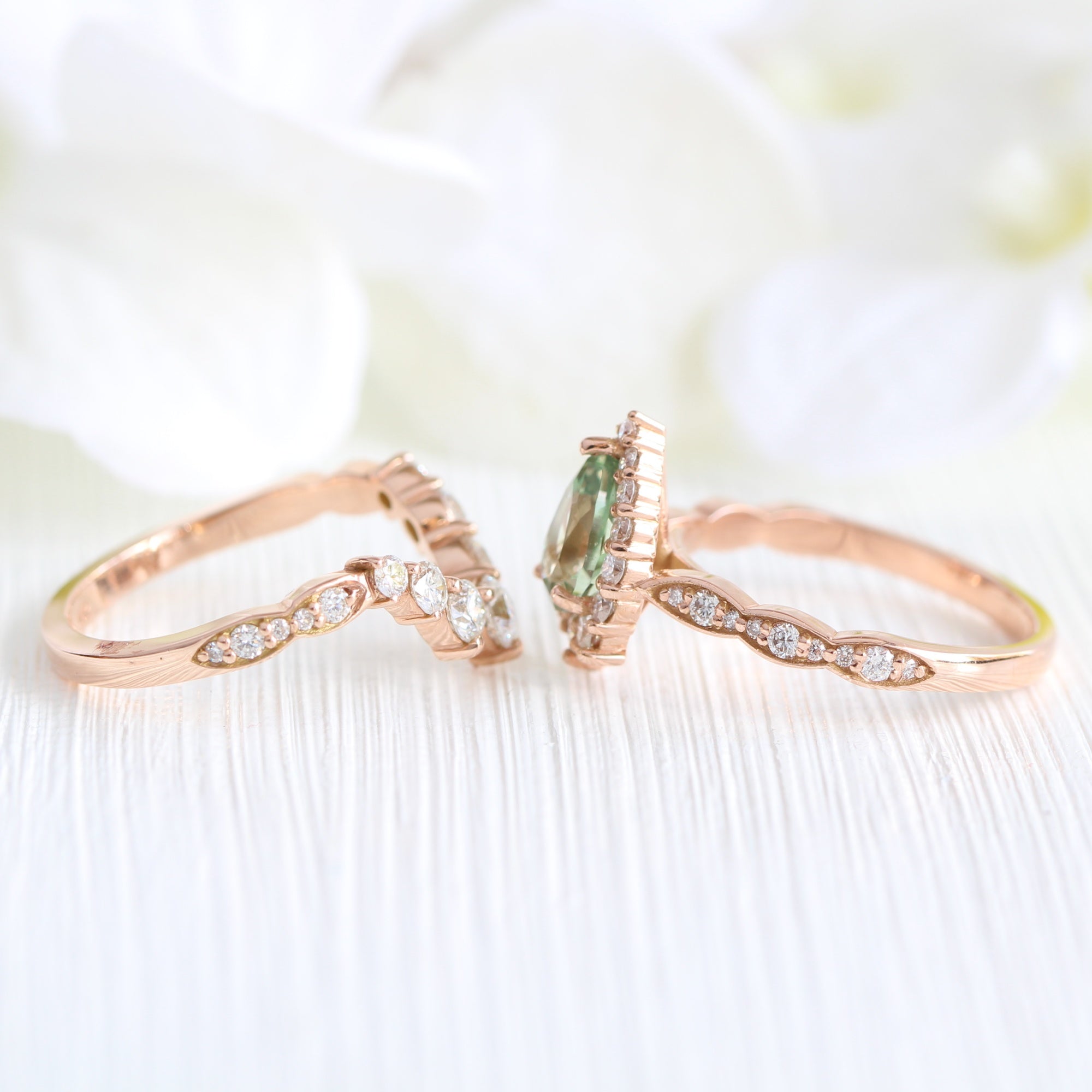 Pear green sapphire ring rose gold deep curved diamond wedding band la more design jewelry