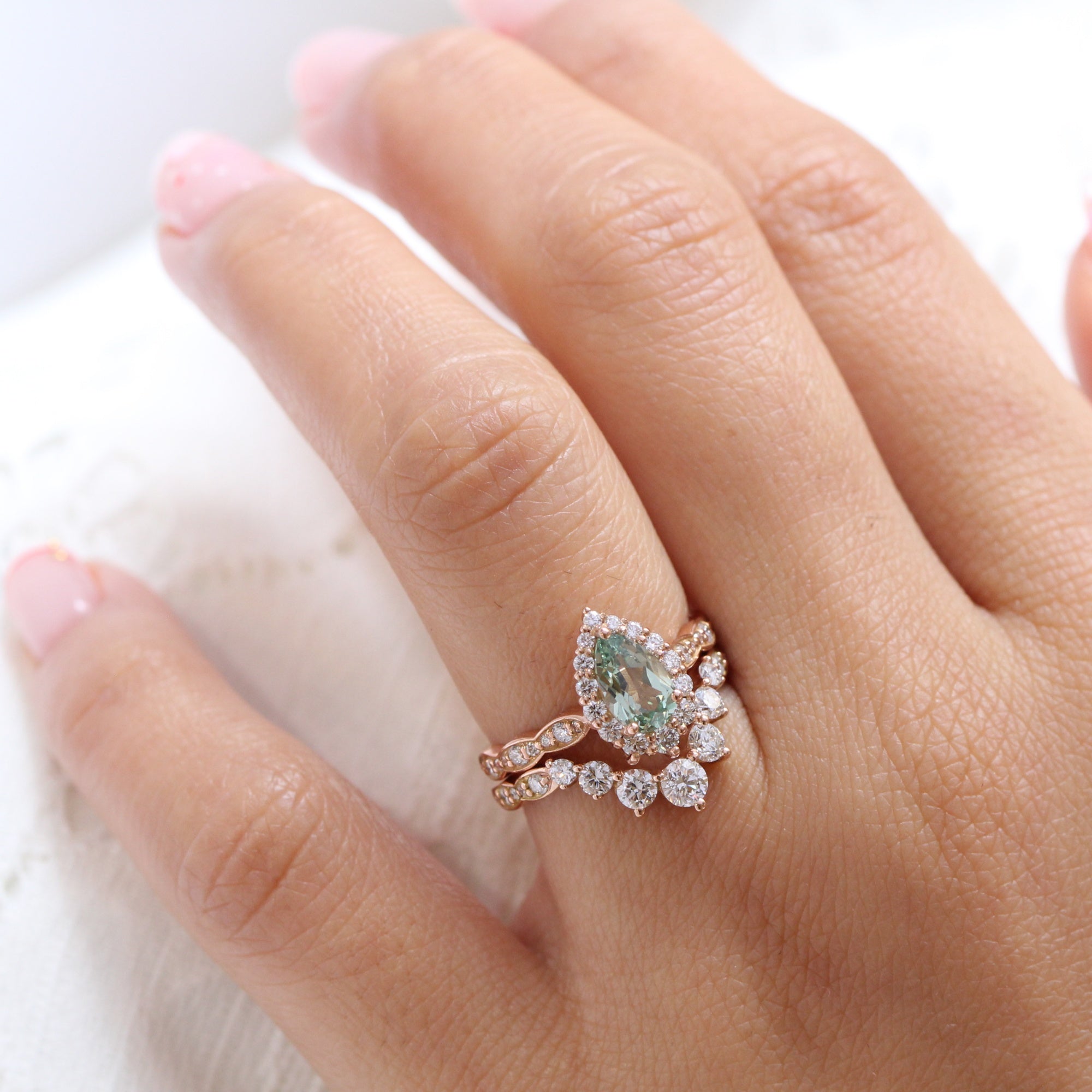 Pear green sapphire ring rose gold deep curved diamond wedding band la more design jewelry