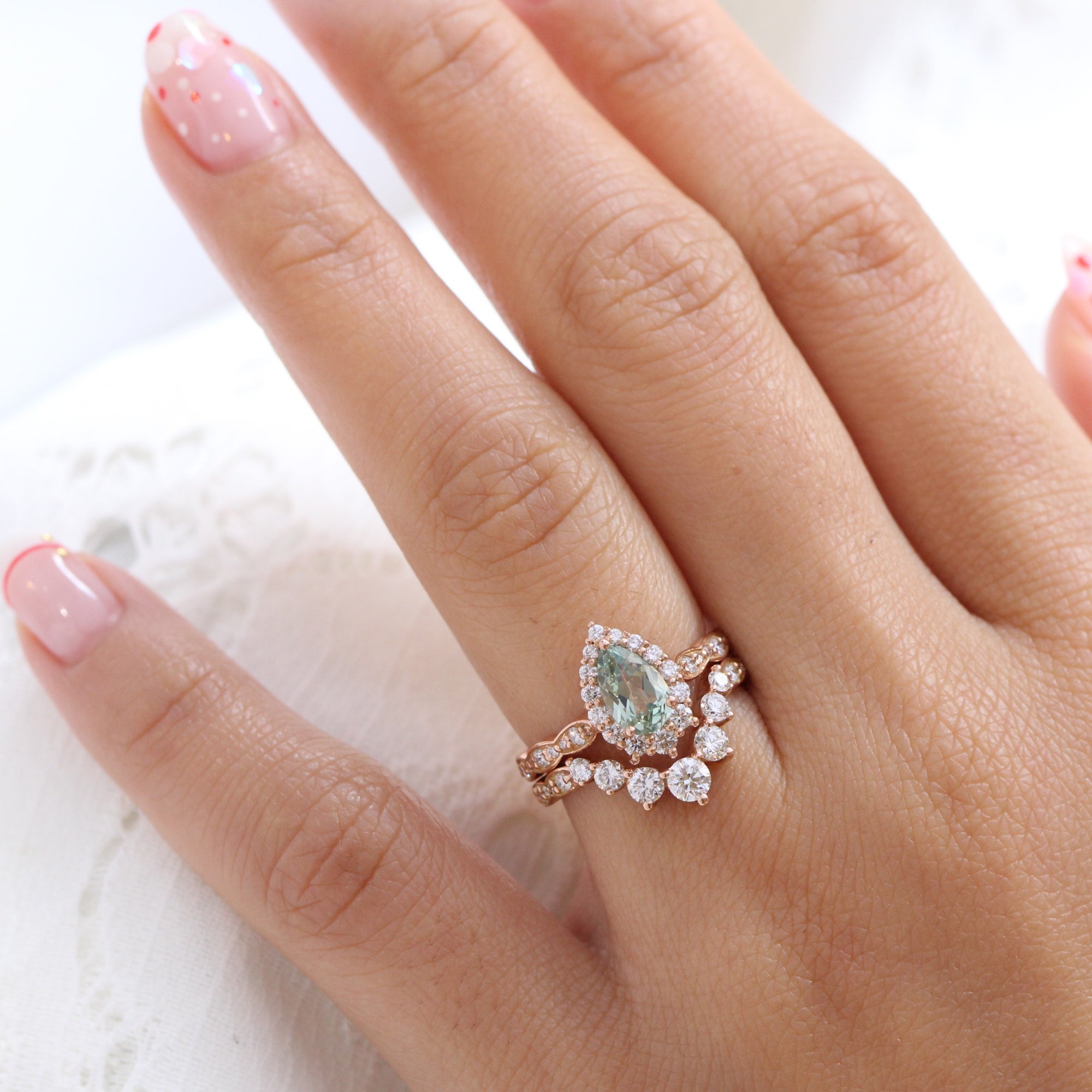 Pear green sapphire ring rose gold deep curved diamond wedding band la more design jewelry