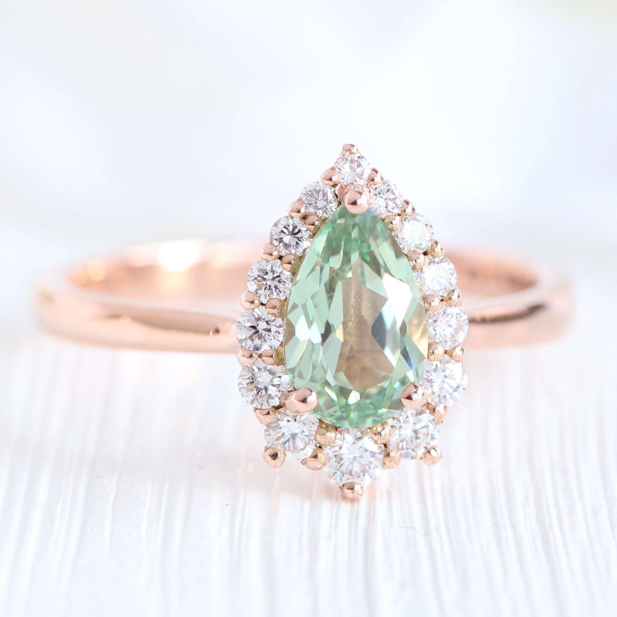 Pear green sapphire ring rose gold halo diamond ring la more design jewelry