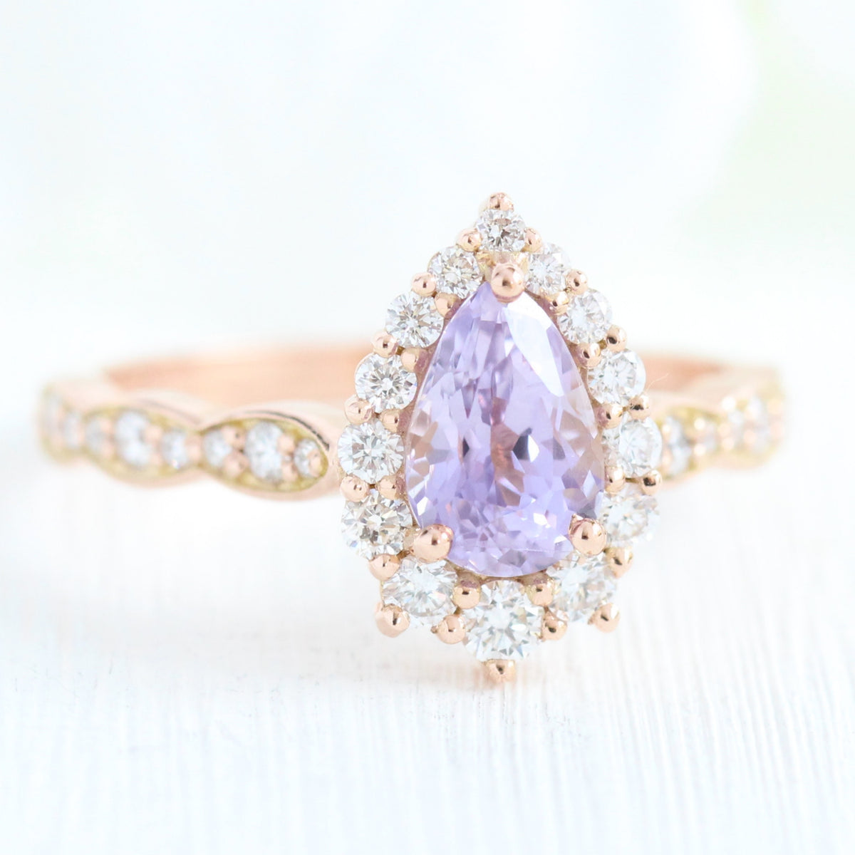 Pear lavender sapphire engagement ring rose gold tiara halo diamond ring la more design jewelry