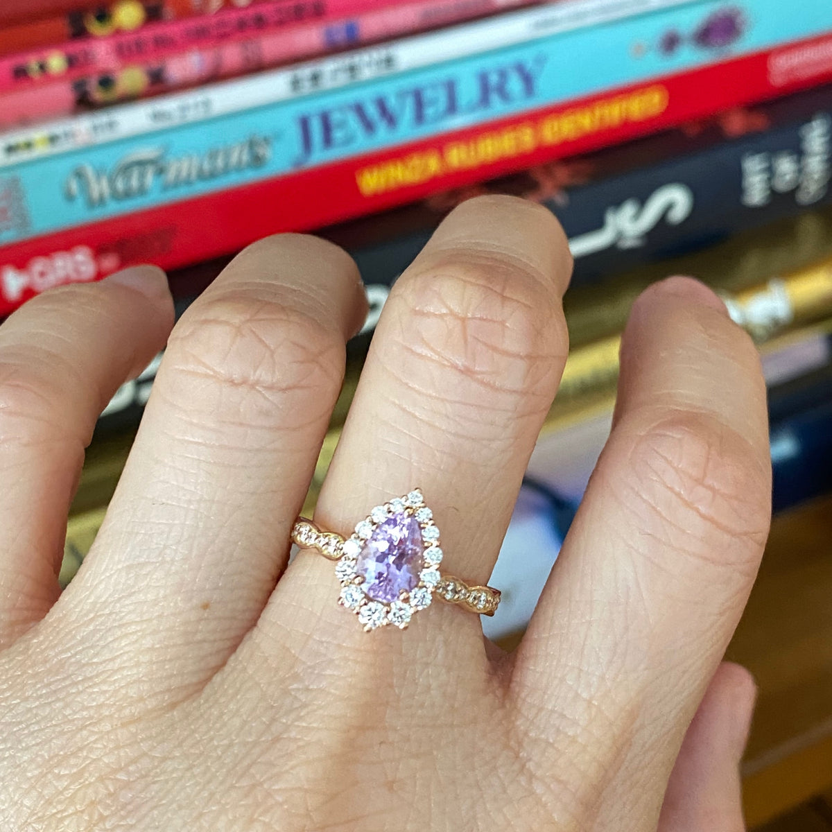 Pear lavender sapphire engagement ring rose gold tiara halo diamond ring la more design jewelry