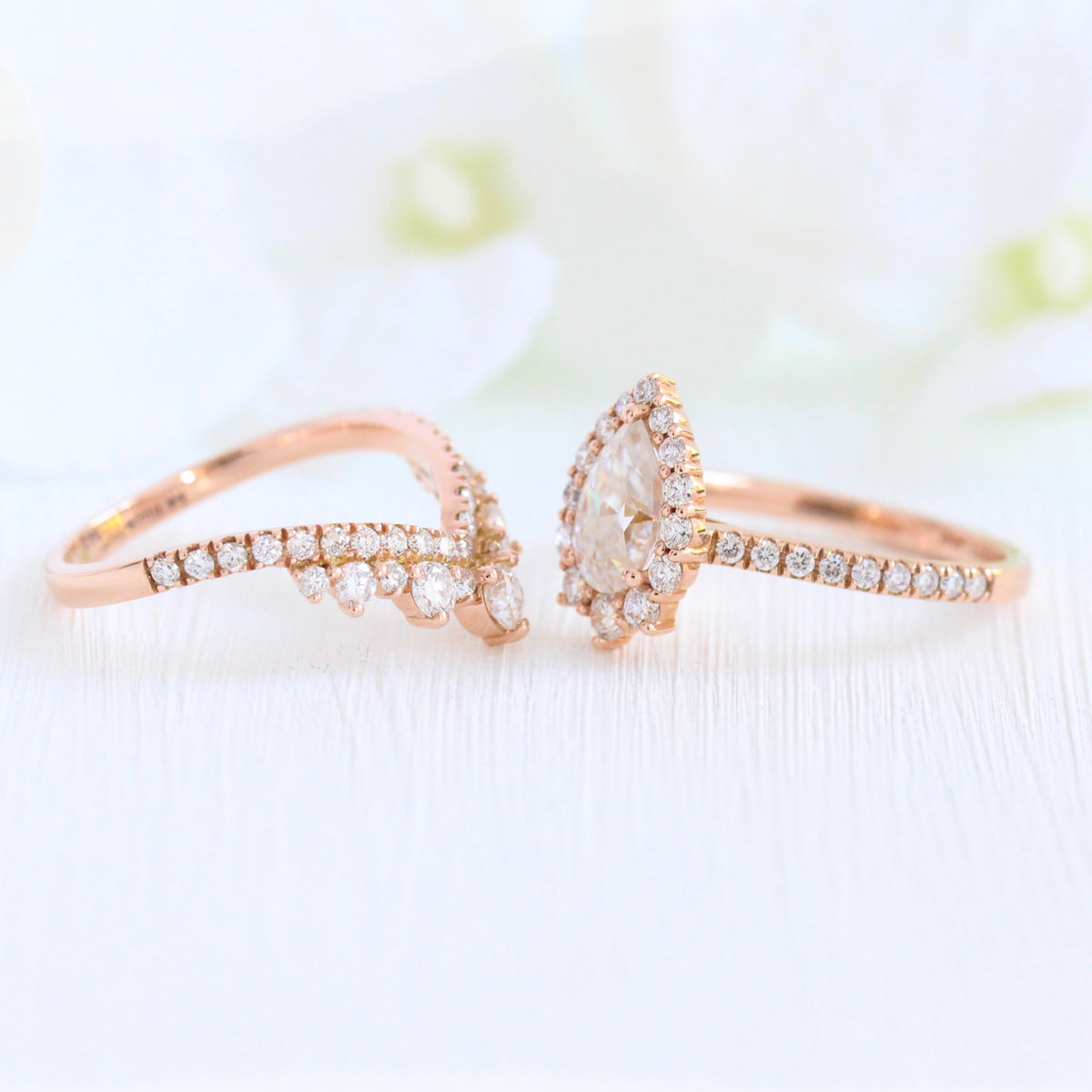 Pear Moissanite Engagement Ring Rose Gold Halo Diamond Bridal Ring Set ...