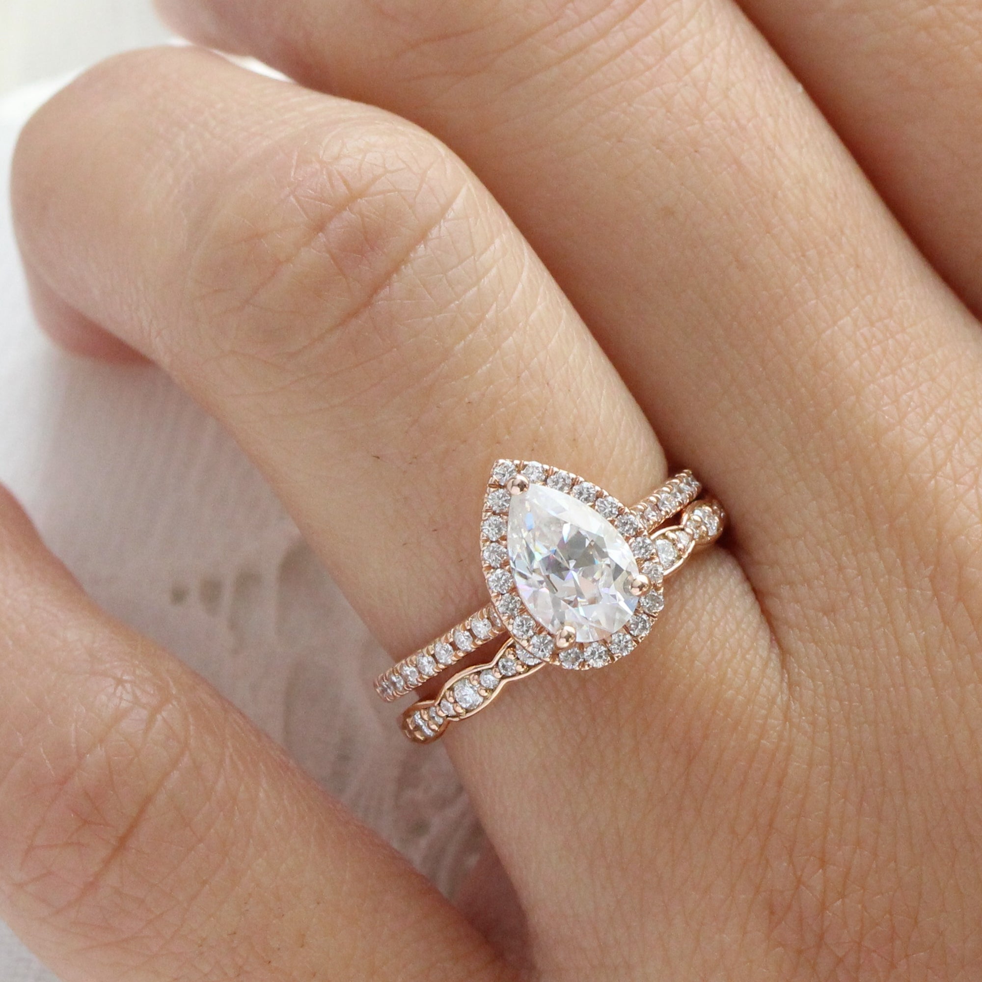 Halo Diamond Pear Moissanite Engagement Ring Rose Gold Cluster Ring