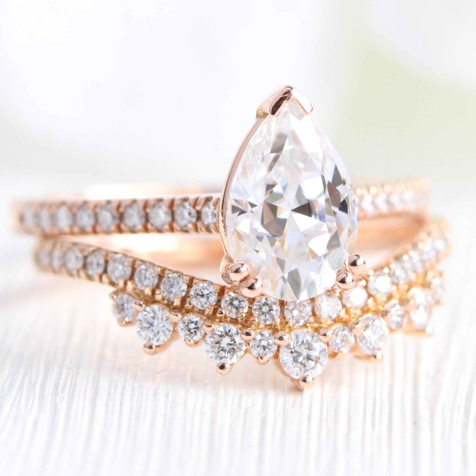 Pear moissanite solitaire ring rose gold crown diamond wedding ring set la more design jewelry