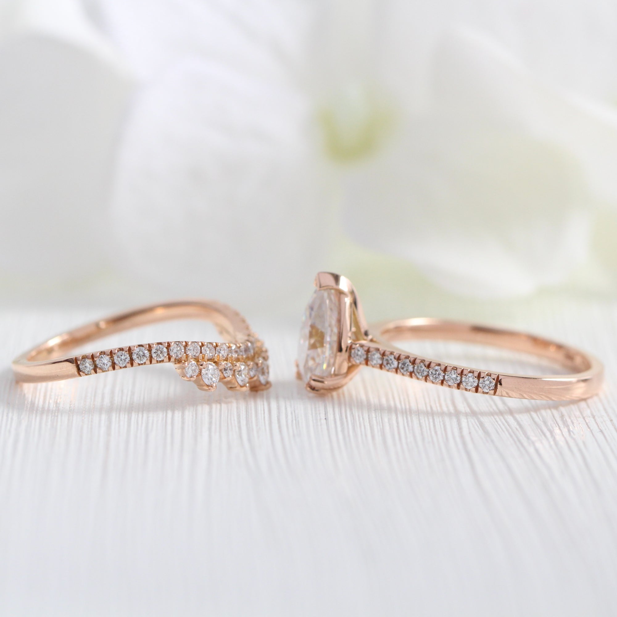 Pear moissanite solitaire ring rose gold crown diamond wedding ring set la more design jewelry