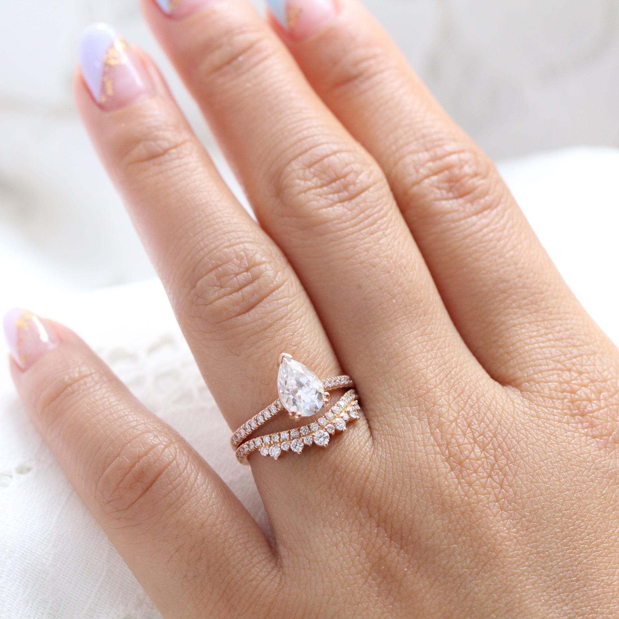 Pear moissanite solitaire ring rose gold crown diamond wedding ring set la more design jewelry