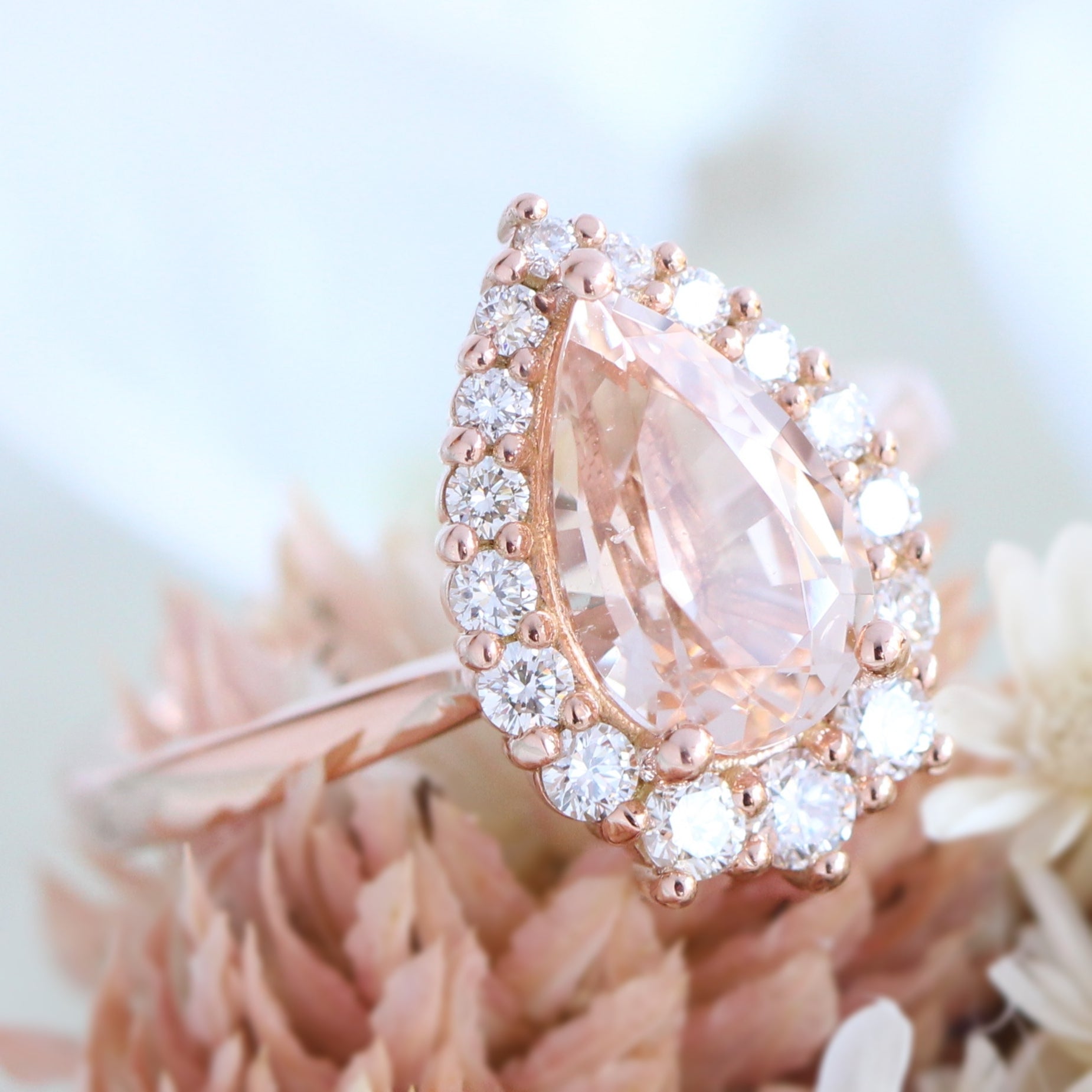 Pear morganite ring rose gold halo diamond engagement ring la more design jewelry