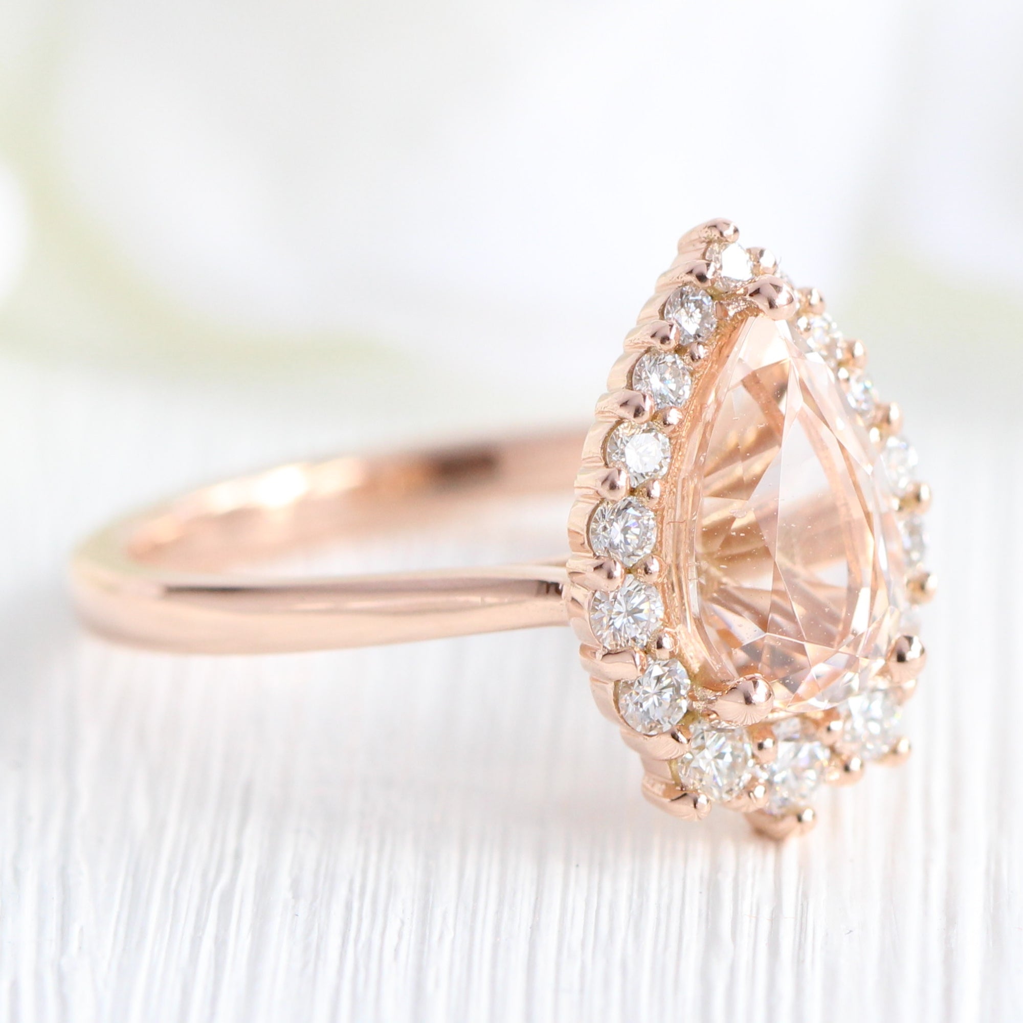 Pear morganite ring rose gold halo diamond engagement ring la more design jewelry