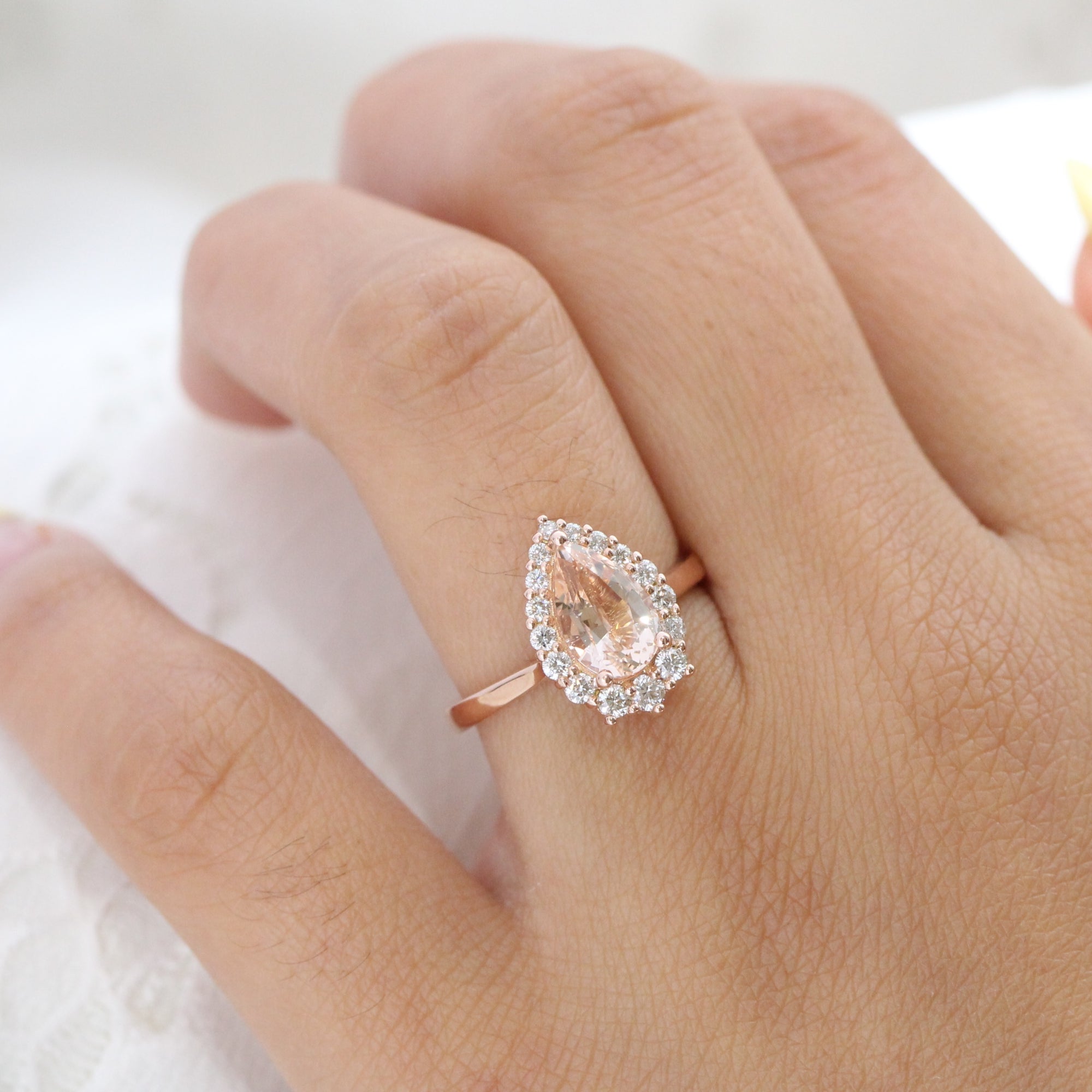 Pear morganite ring rose gold halo diamond engagement ring la more design jewelry