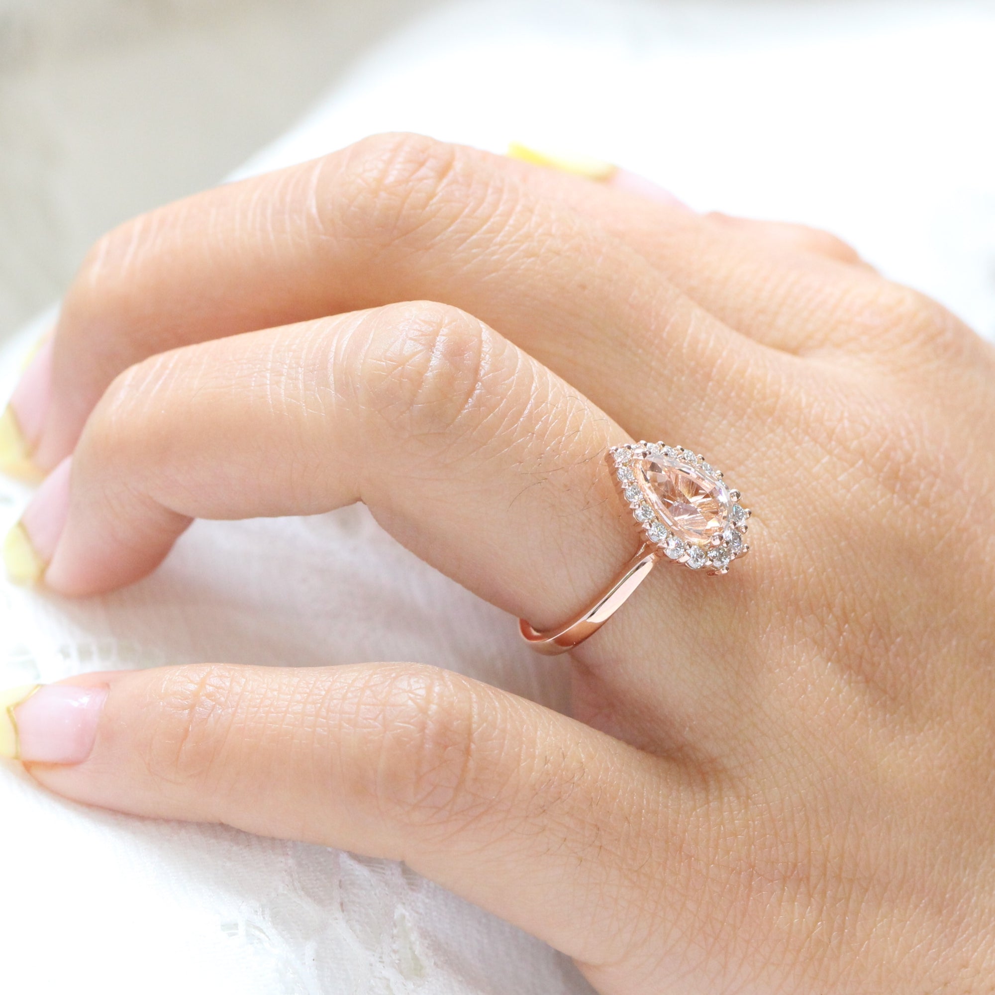 Pear morganite ring rose gold halo diamond engagement ring la more design jewelry