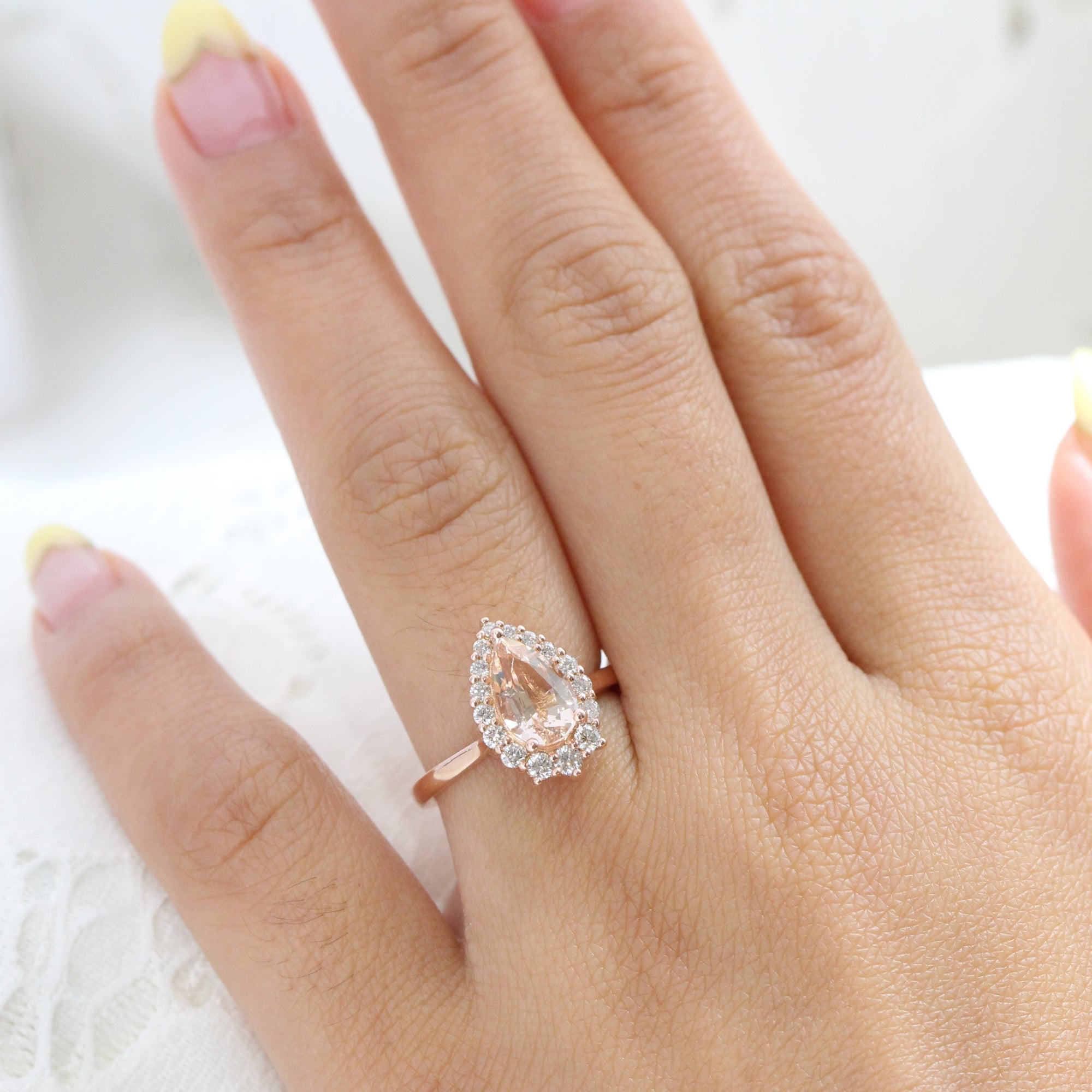 Pear morganite ring rose gold halo diamond engagement ring la more design jewelry