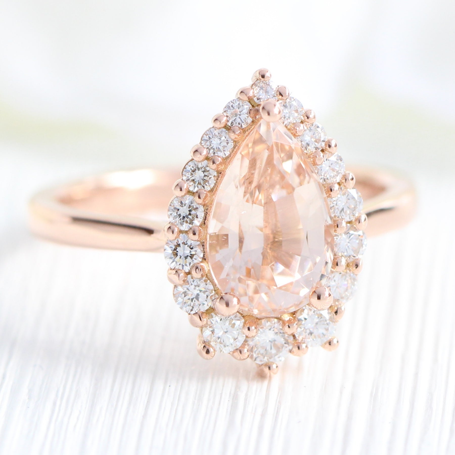 Pear morganite ring rose gold halo diamond engagement ring la more design jewelry