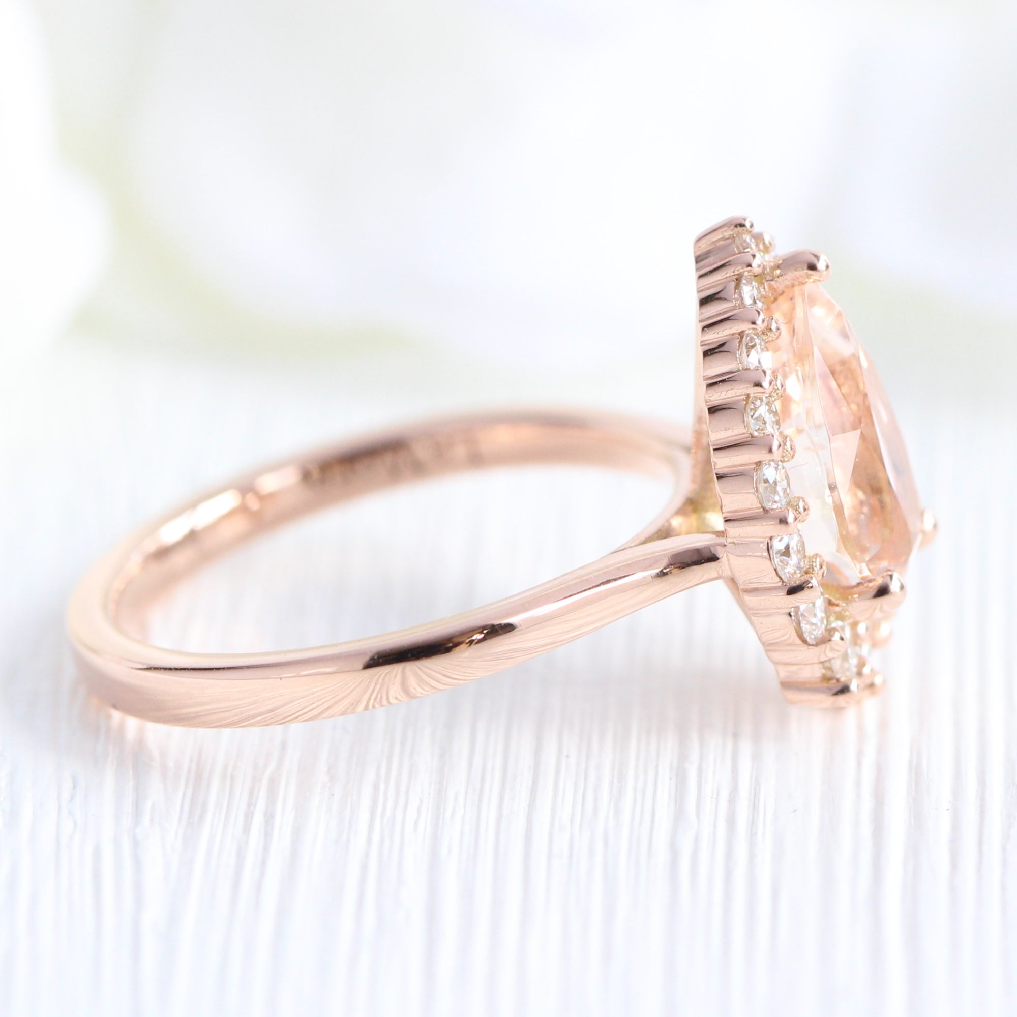 Pear morganite ring rose gold halo diamond engagement ring la more design jewelry