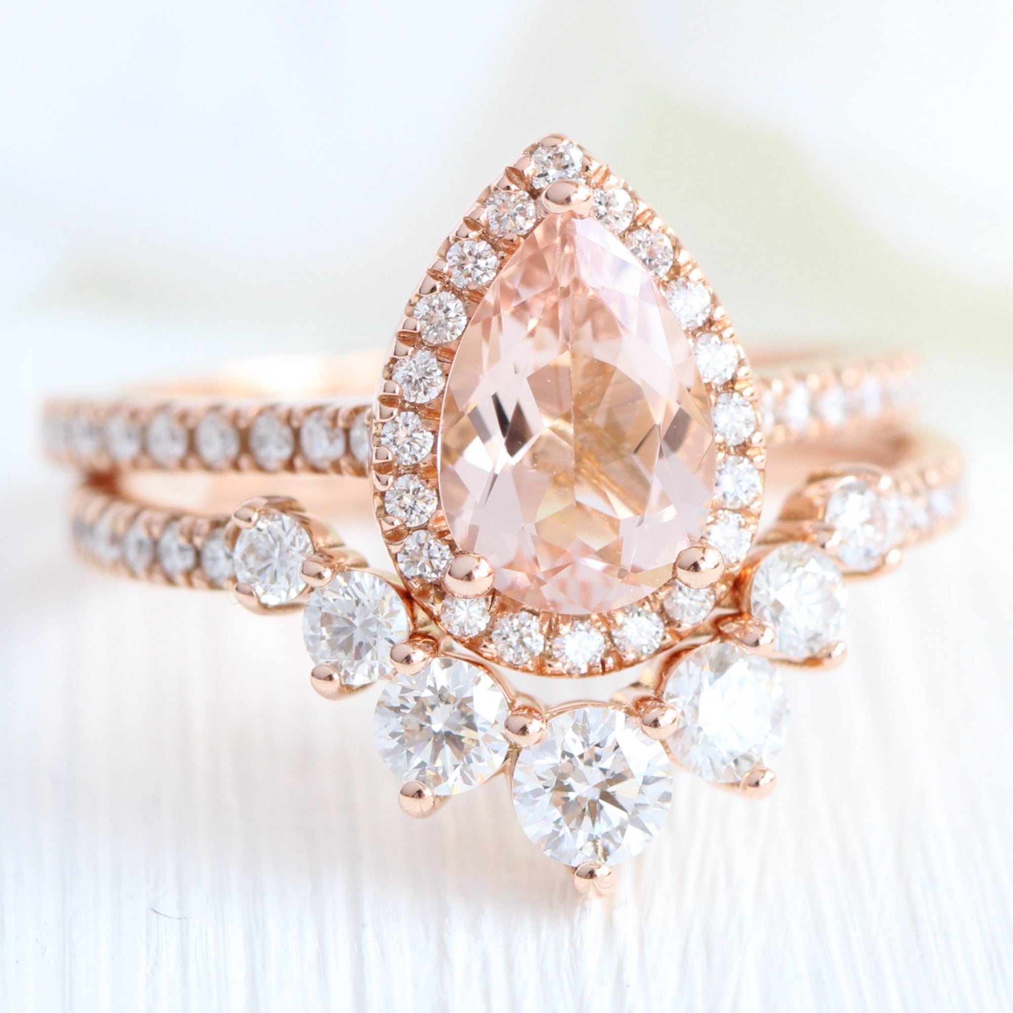 Halo Diamond Pear Morganite Engagement Ring in Rose Gold Pavé Band 14K White Gold / 10.5