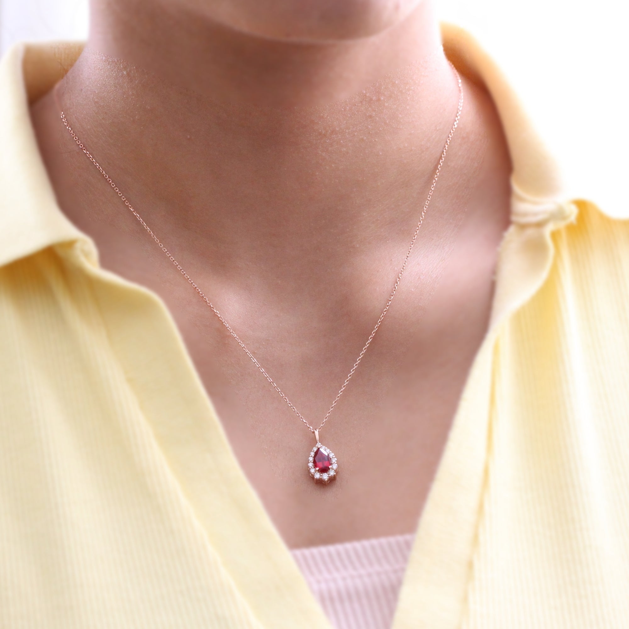 Pear ruby necklace rose gold halo style ruby diamond drop pendant necklace la more design jewelry