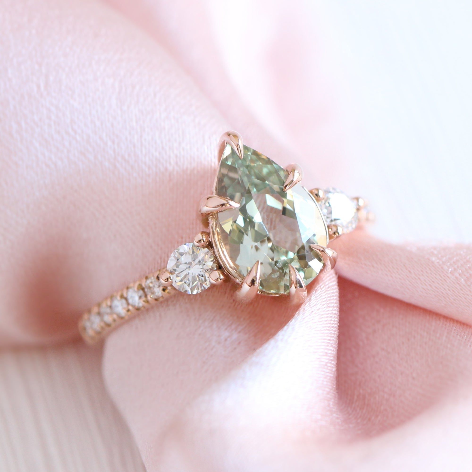 Pear sea foam green sapphire diamond ring rose gold 3 stone ring la more design jewelry