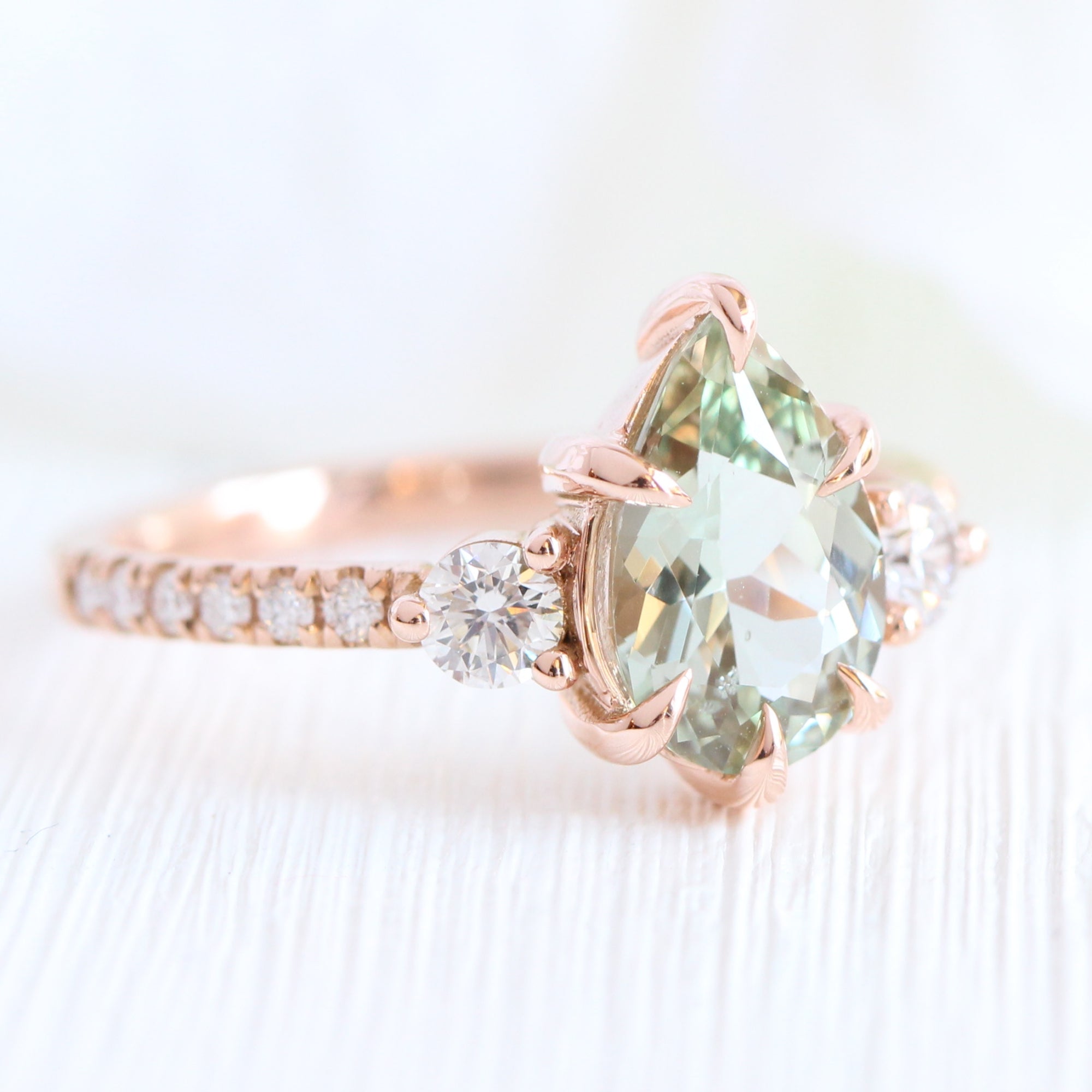 Pear sea foam green sapphire diamond ring rose gold 3 stone ring la more design jewelry