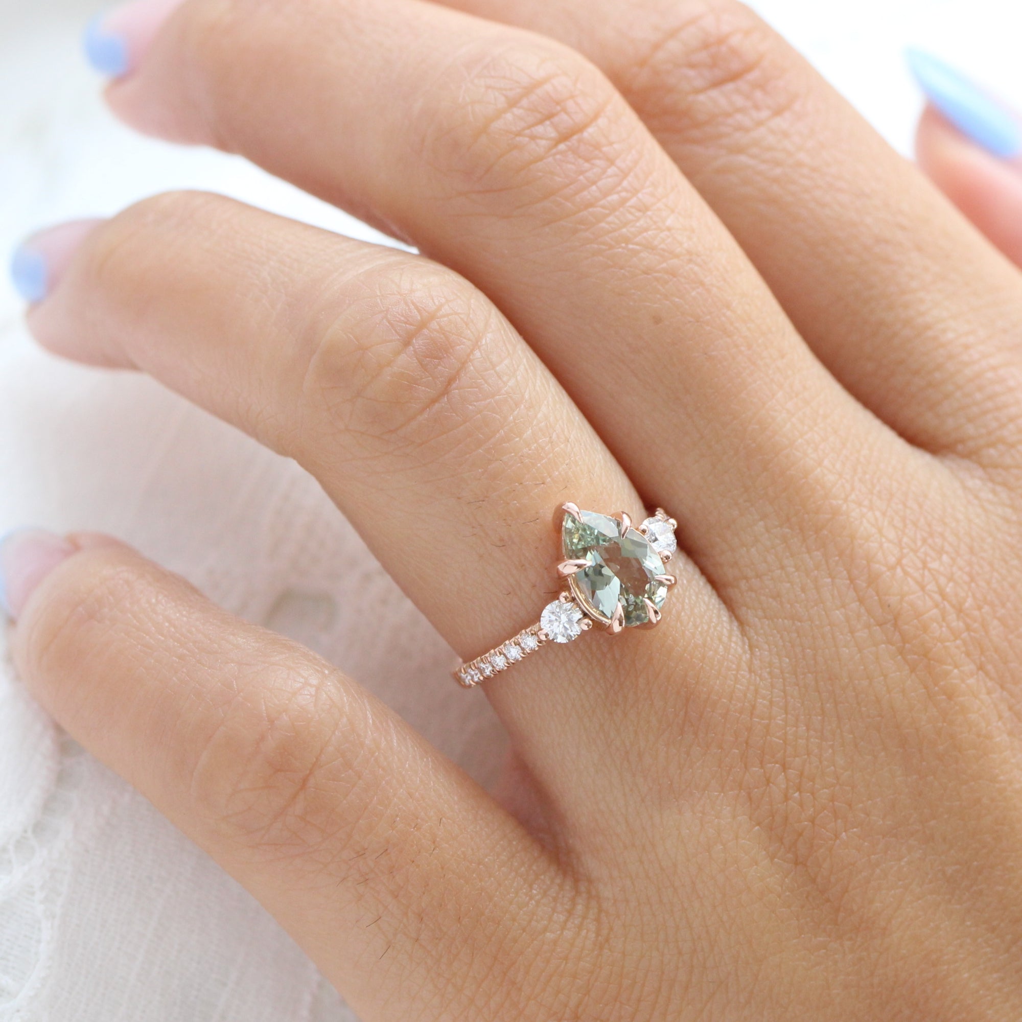 Pear sea foam green sapphire diamond ring rose gold 3 stone ring la more design jewelry