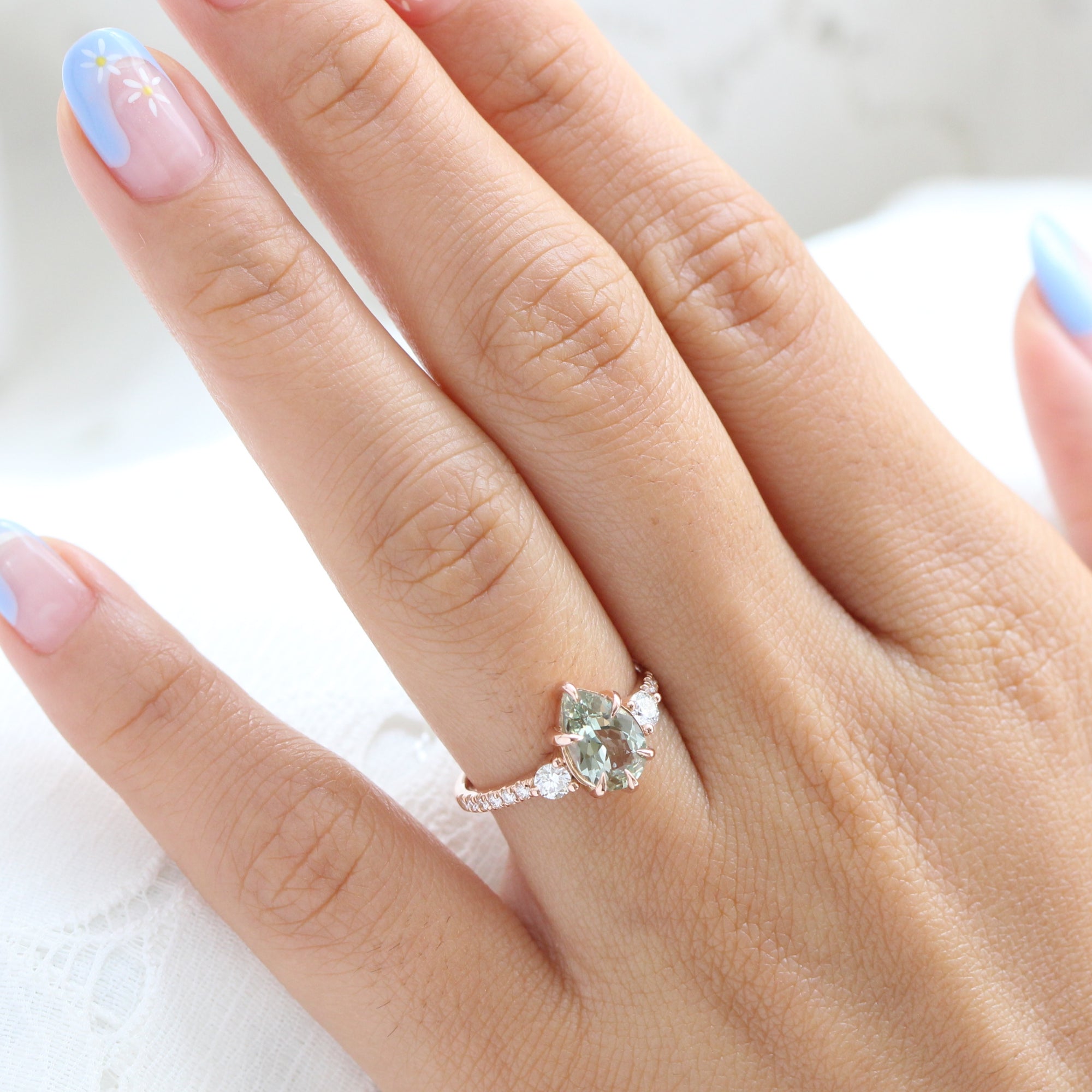 Pear sea foam green sapphire diamond ring rose gold 3 stone ring la more design jewelry