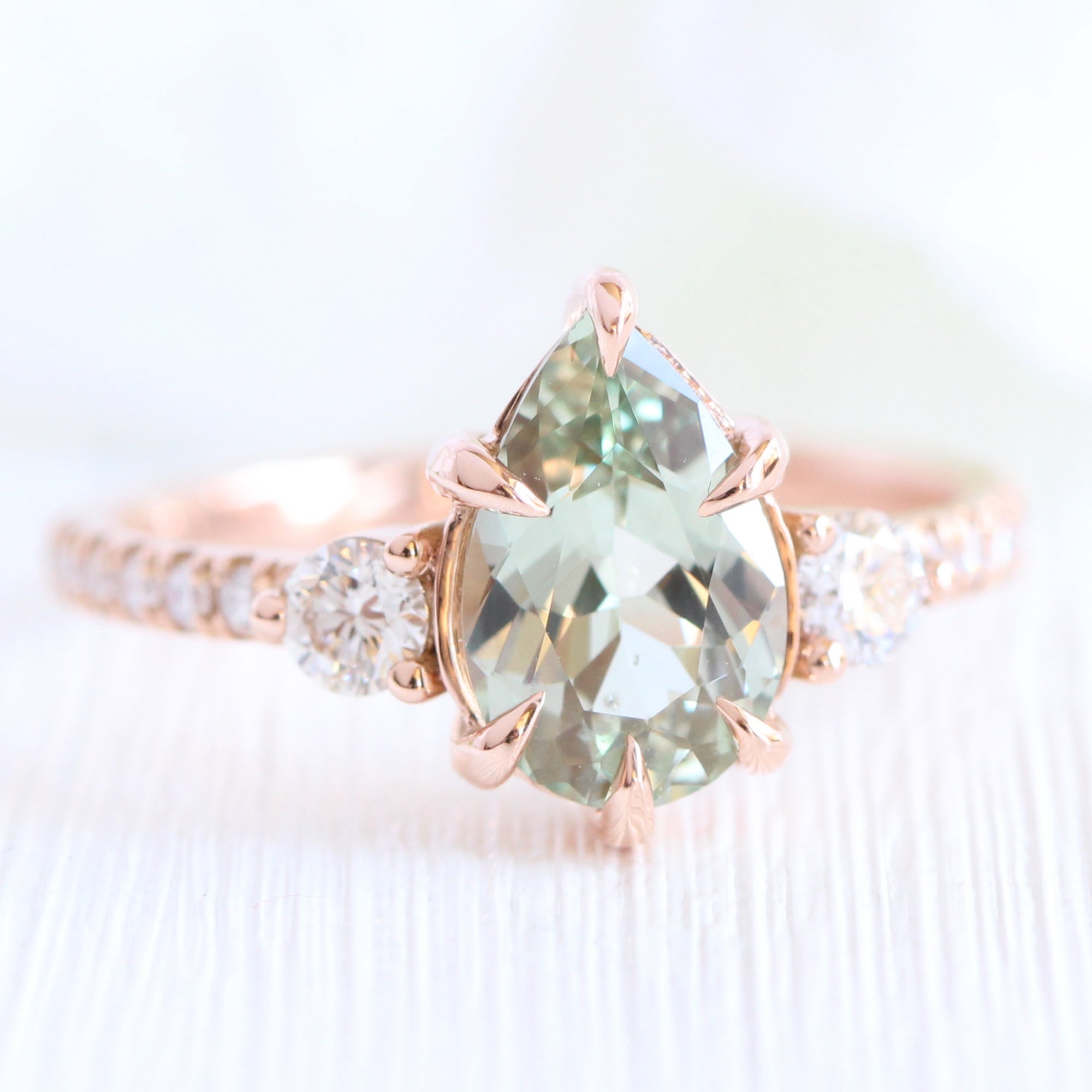 Pear sea foam green sapphire diamond ring rose gold 3 stone ring la more design jewelry