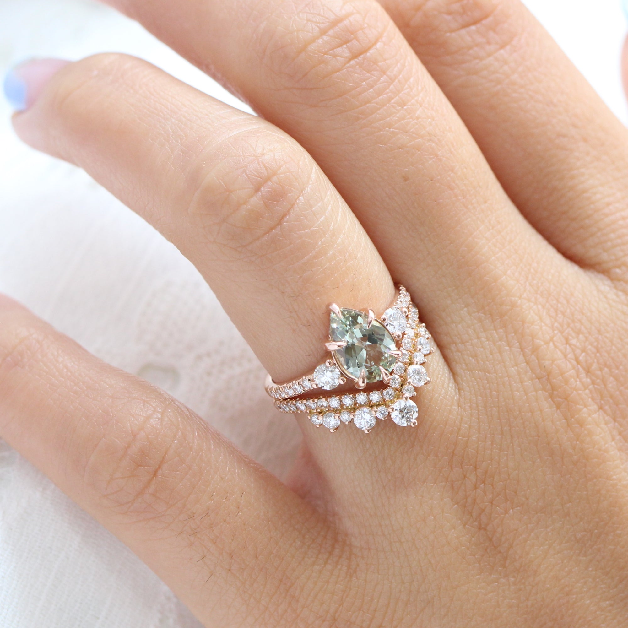 Pear sea foam green sapphire diamond ring rose gold 3 stone ring la more design jewelry