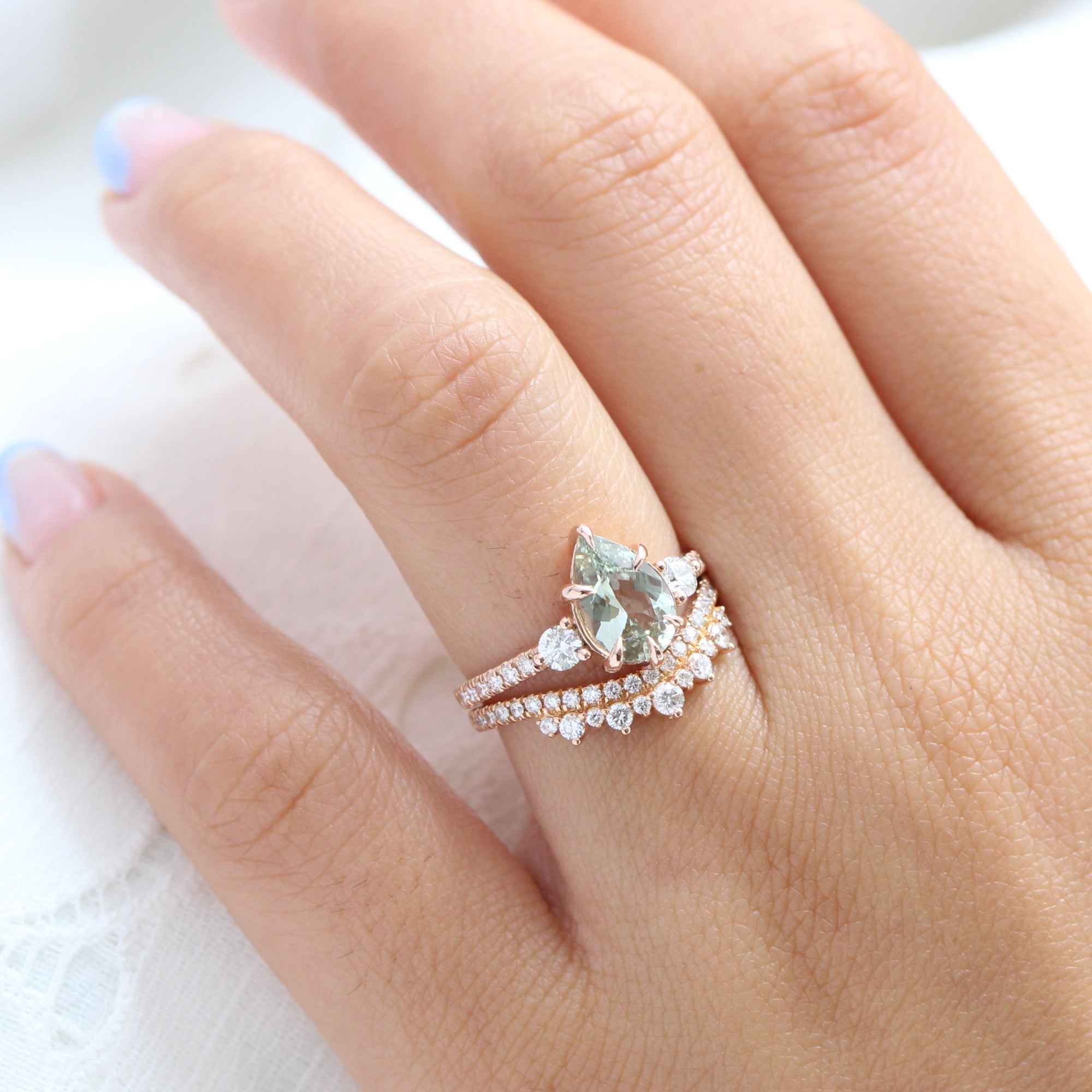 Pear sea foam green sapphire diamond ring rose gold 3 stone ring la more design jewelry