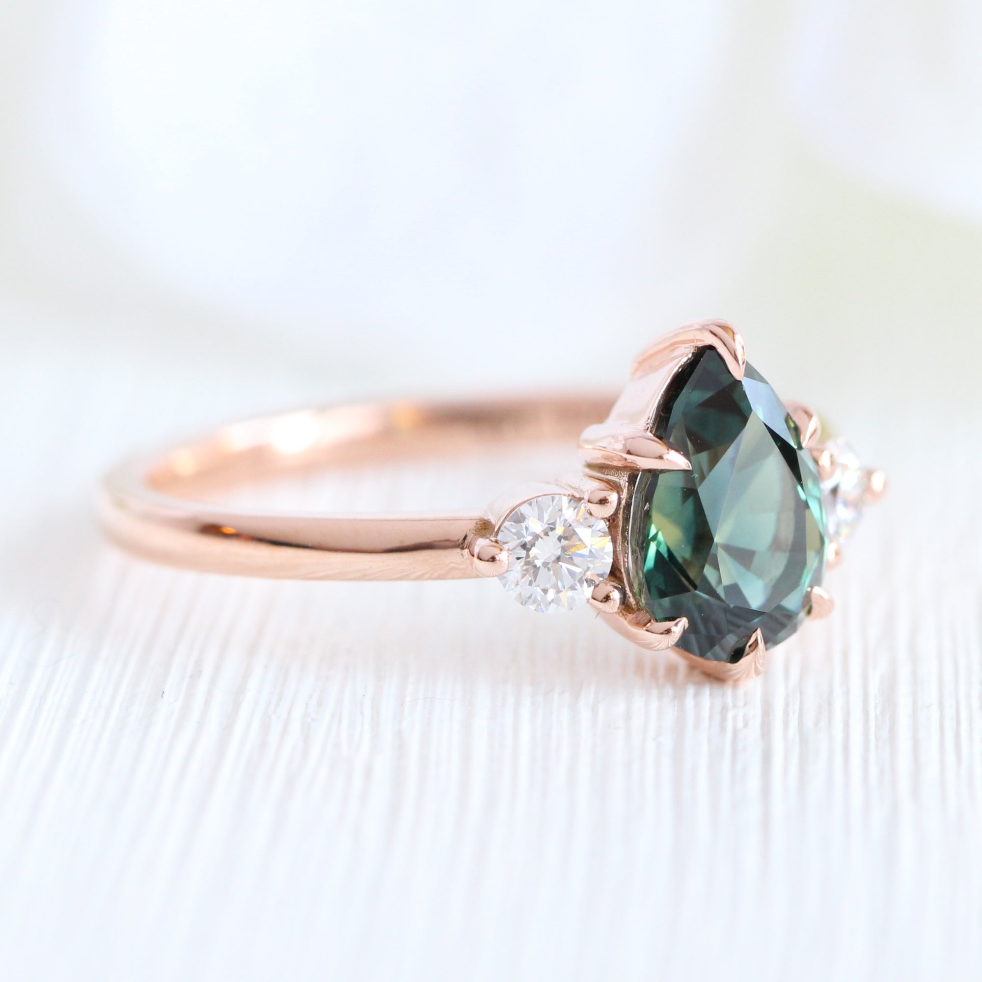 Pear teal green sapphire diamond ring rose gold 3 stone ring la more design jewelry