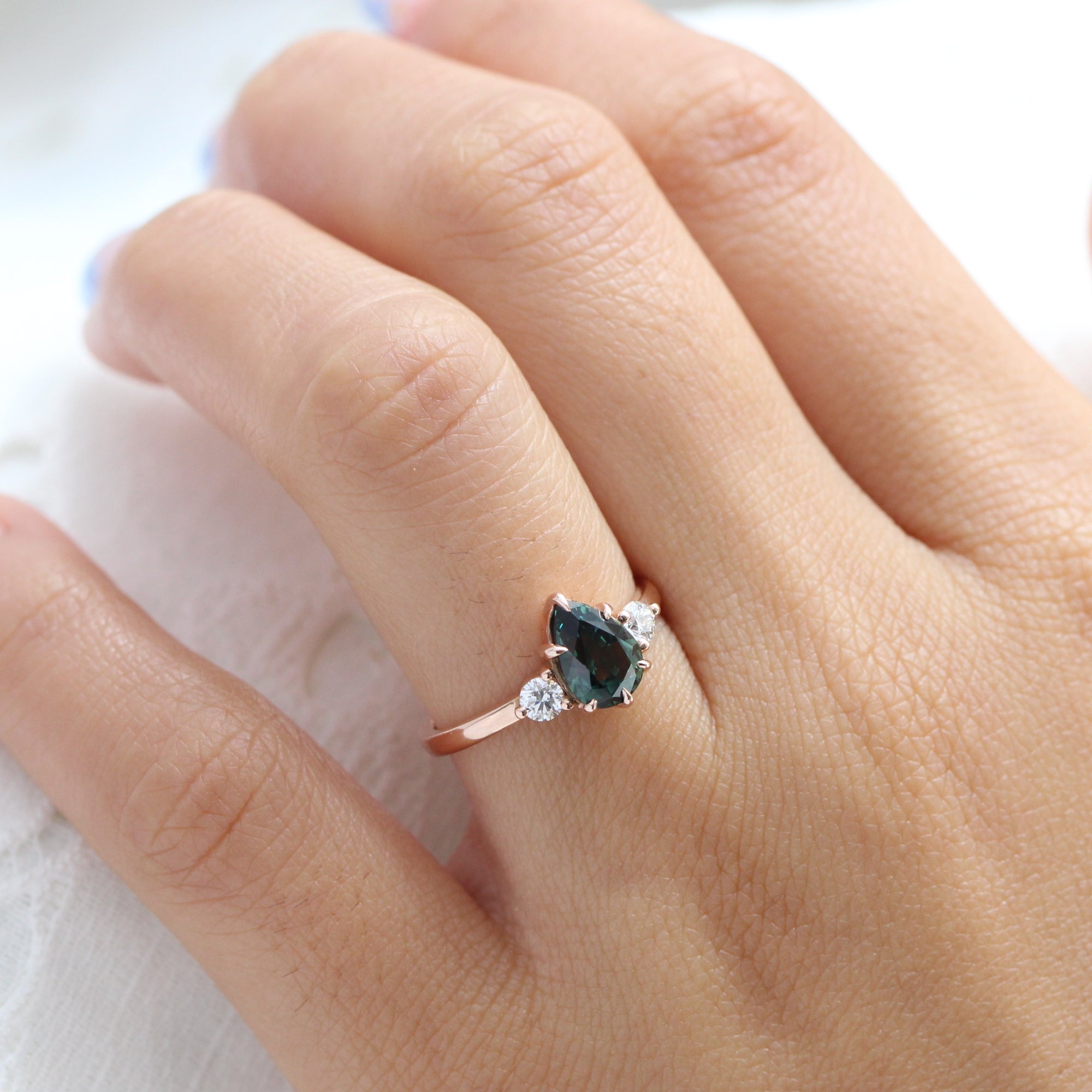 Pear teal green sapphire diamond ring rose gold 3 stone ring la more design jewelry