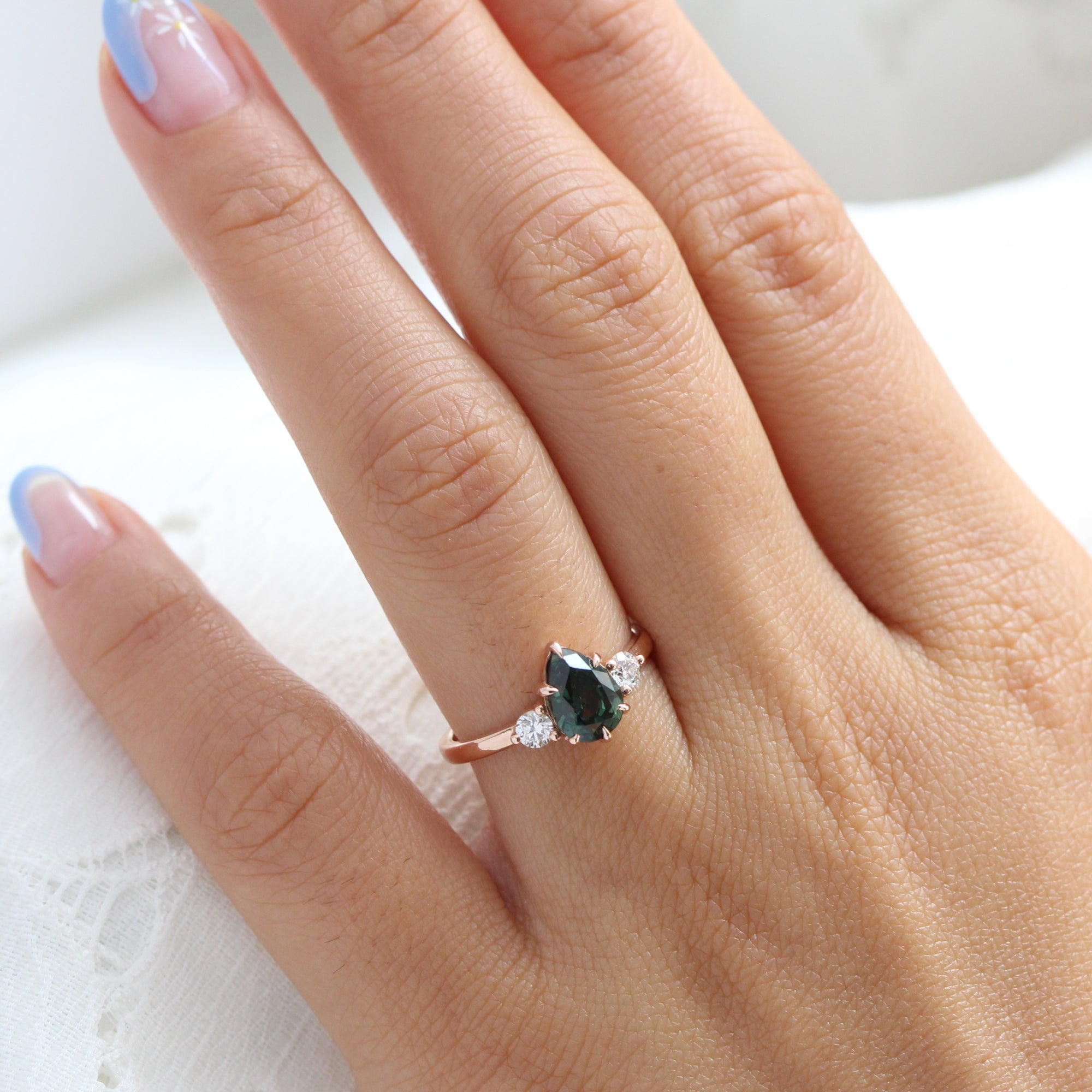 Pear teal green sapphire diamond ring rose gold 3 stone ring la more design jewelry