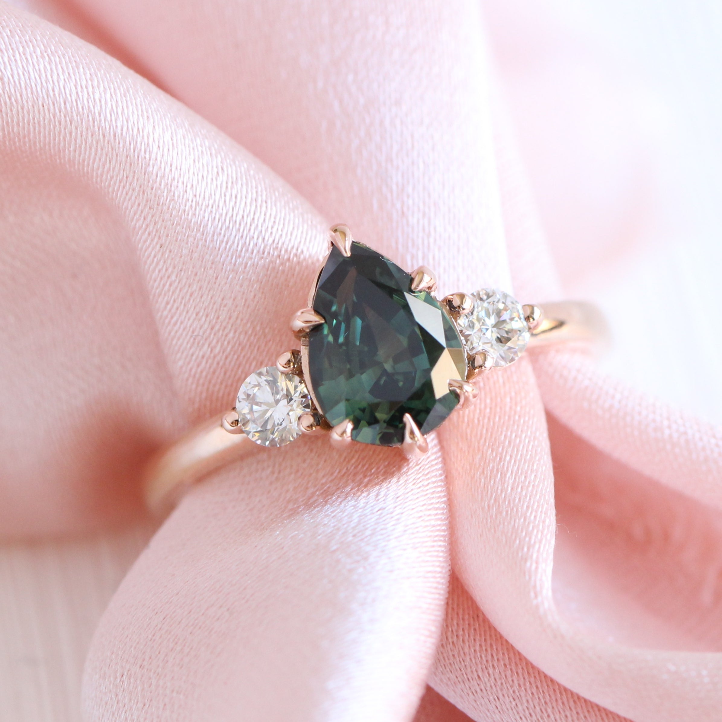 Pear teal green sapphire diamond ring rose gold 3 stone ring la more design jewelry