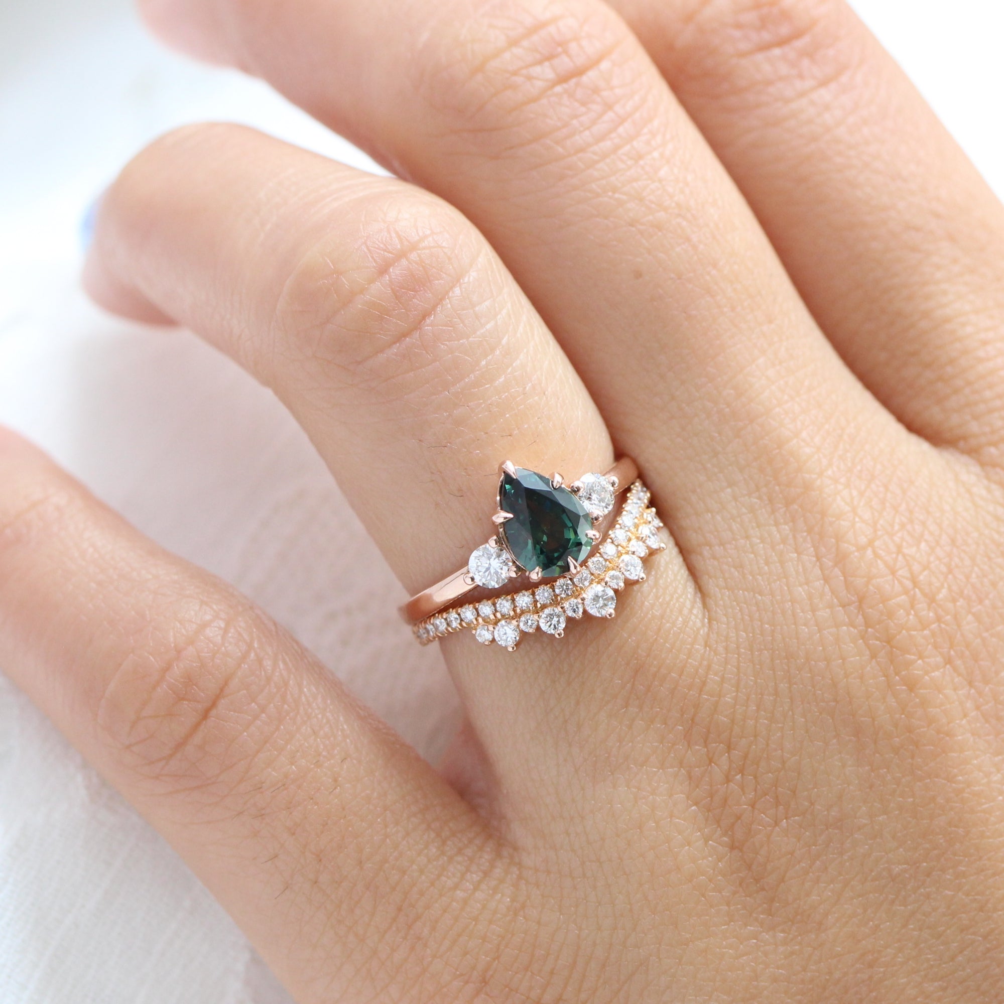 Pear teal green sapphire diamond ring rose gold 3 stone ring la more design jewelry