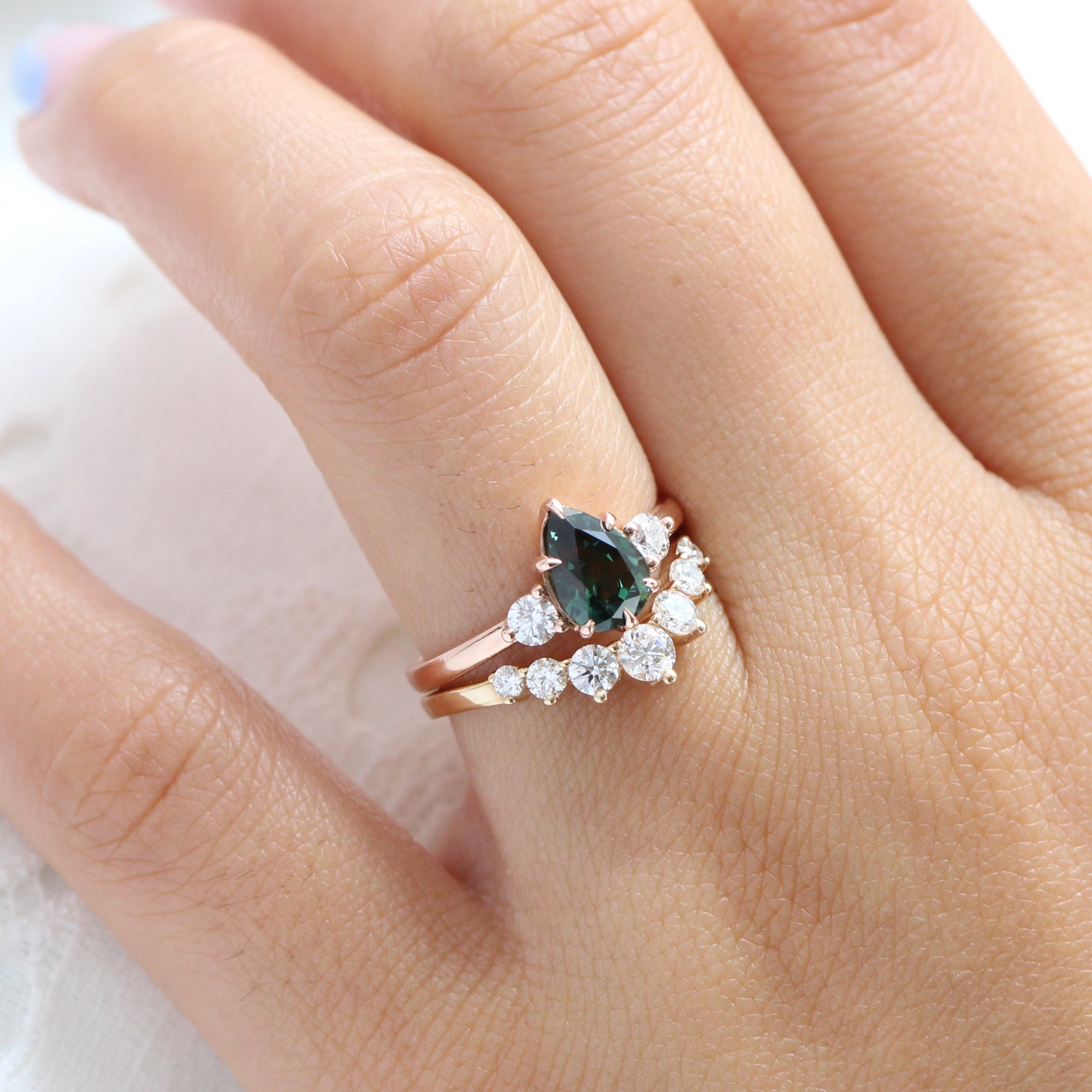 Pear teal green sapphire diamond ring rose gold 3 stone ring la more design jewelry