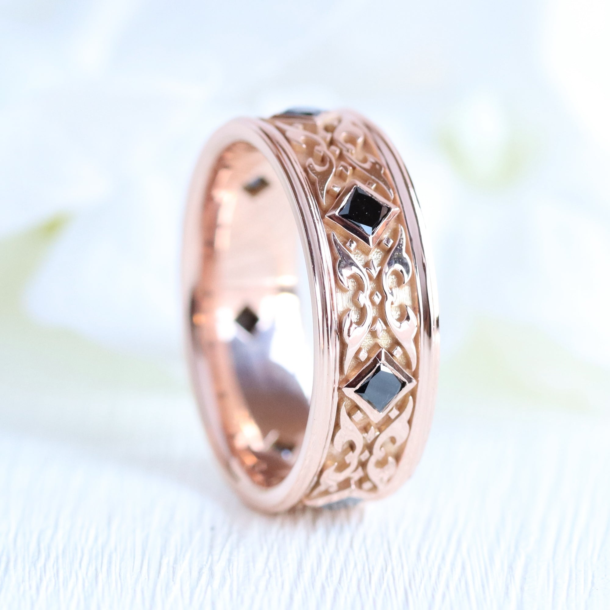 Princess cut black diamond ring rose gold Celtic knot wedding band for him la more design jewelry