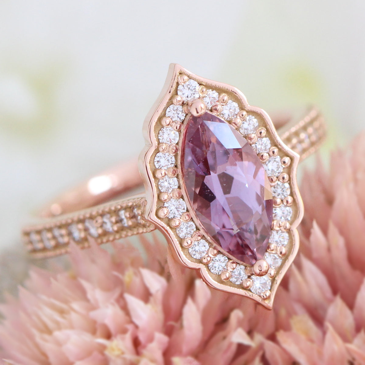 Purple pink sapphire ring rose gold marquise engagement ring la more design jewelry